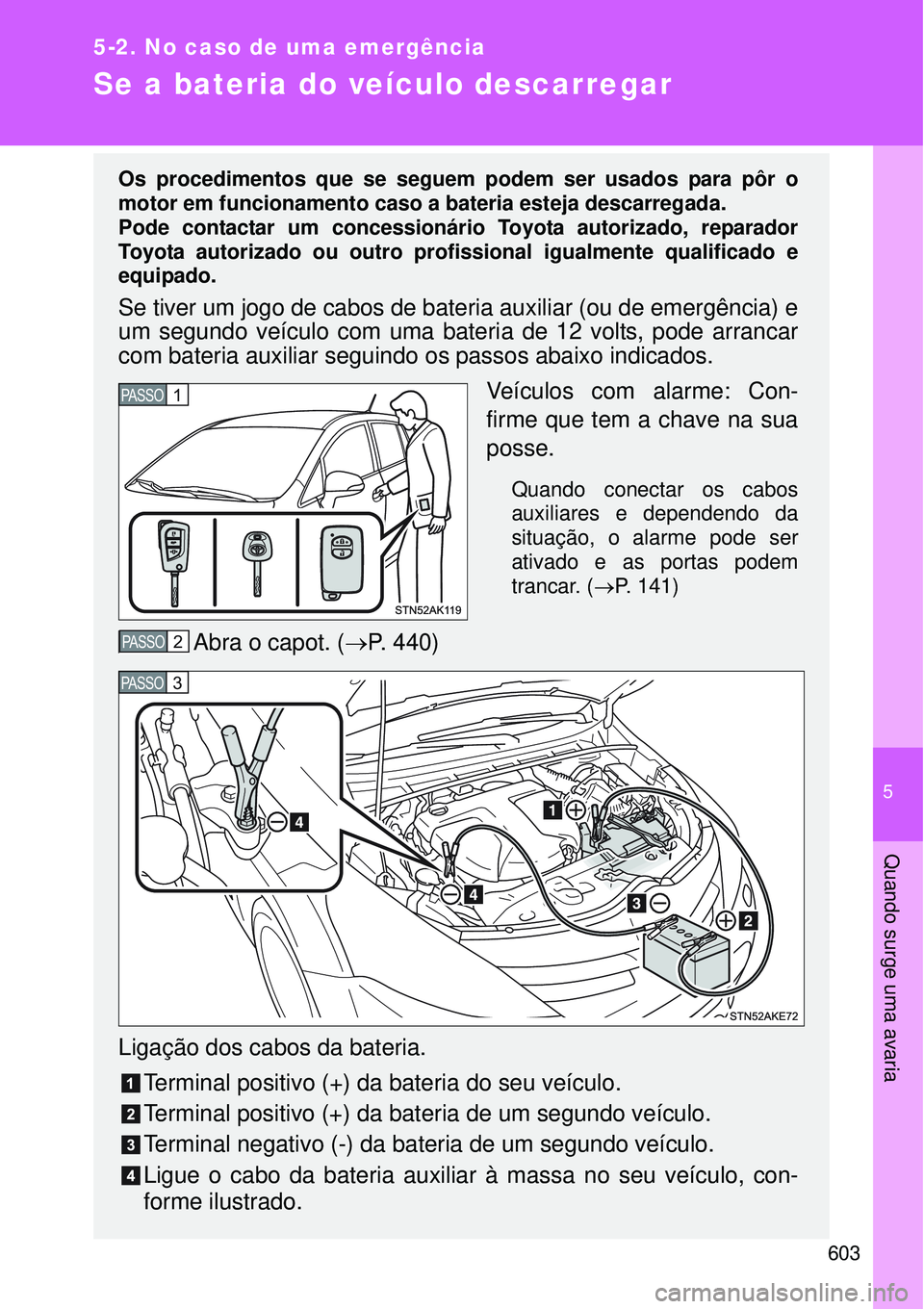 TOYOTA VERSO 2016 Manual de utilização (in Portuguese) 5
603
5-2. No caso de uma emergência
Quando surge uma avaria
Se a bateria do veículo descarregar
Os procedimentos que se seguem podem ser usados para pôr o
motor em funcionamento caso a bater TOYOTA VERSO 2016 Manual de utilização (in Portuguese) 5
603
5-2. No caso de uma emergência
Quando surge uma avaria
Se a bateria do veículo descarregar
Os procedimentos que se seguem podem ser usados para pôr o
motor em funcionamento caso a bater