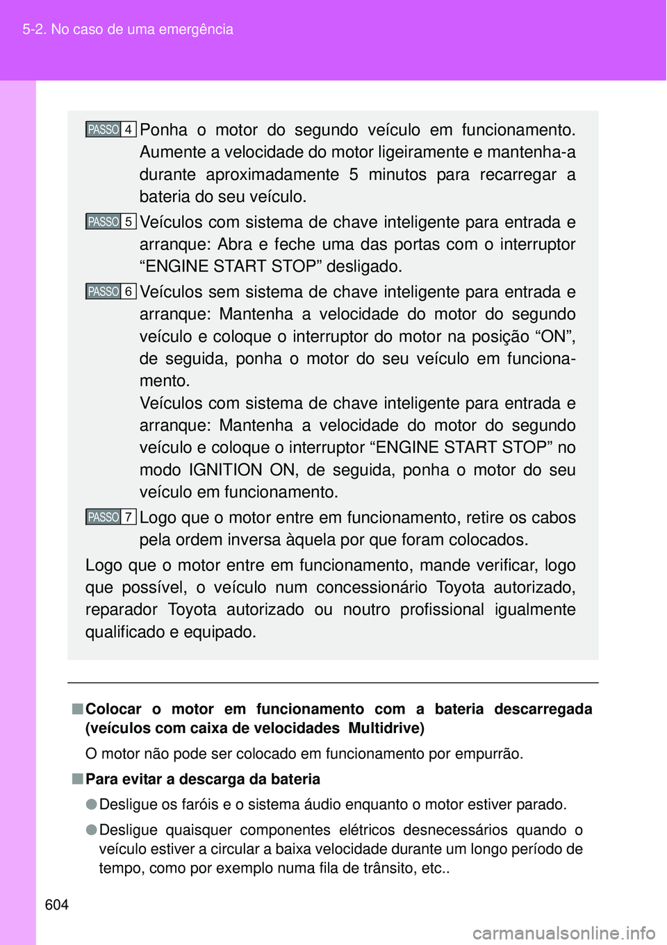 TOYOTA VERSO 2016 Manual de utilização (in Portuguese) 604 5-2. No caso de uma emergência
nColocar o motor em funcionamento com a bateria descarregada
(veículos com caixa de velocidades Multidrive)
O motor não pode ser colocado em funcionamento por em TOYOTA VERSO 2016 Manual de utilização (in Portuguese) 604 5-2. No caso de uma emergência
nColocar o motor em funcionamento com a bateria descarregada
(veículos com caixa de velocidades Multidrive)
O motor não pode ser colocado em funcionamento por em