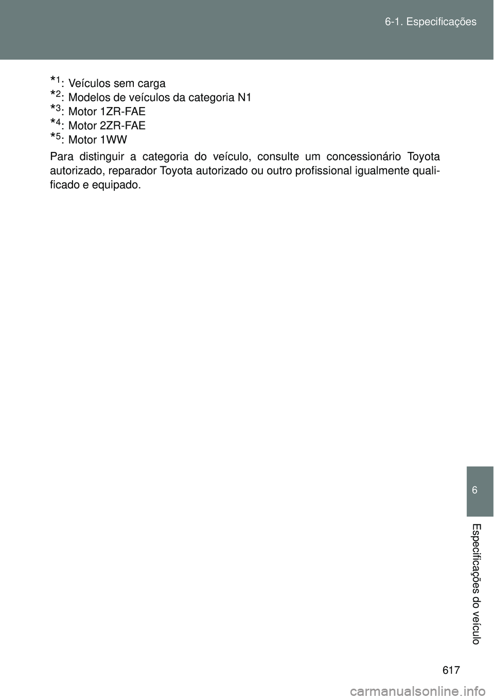 TOYOTA VERSO 2016  Manual de utilização (in Portuguese) 617 6-1. Especificações
6
Especificações do veículo
*1: Veículos sem carga
*2: Modelos de veículos da categoria N1
*3: Motor 1ZR-FAE
*4: Motor 2ZR-FAE
*5: Motor 1WW
Para distinguir a categoria 