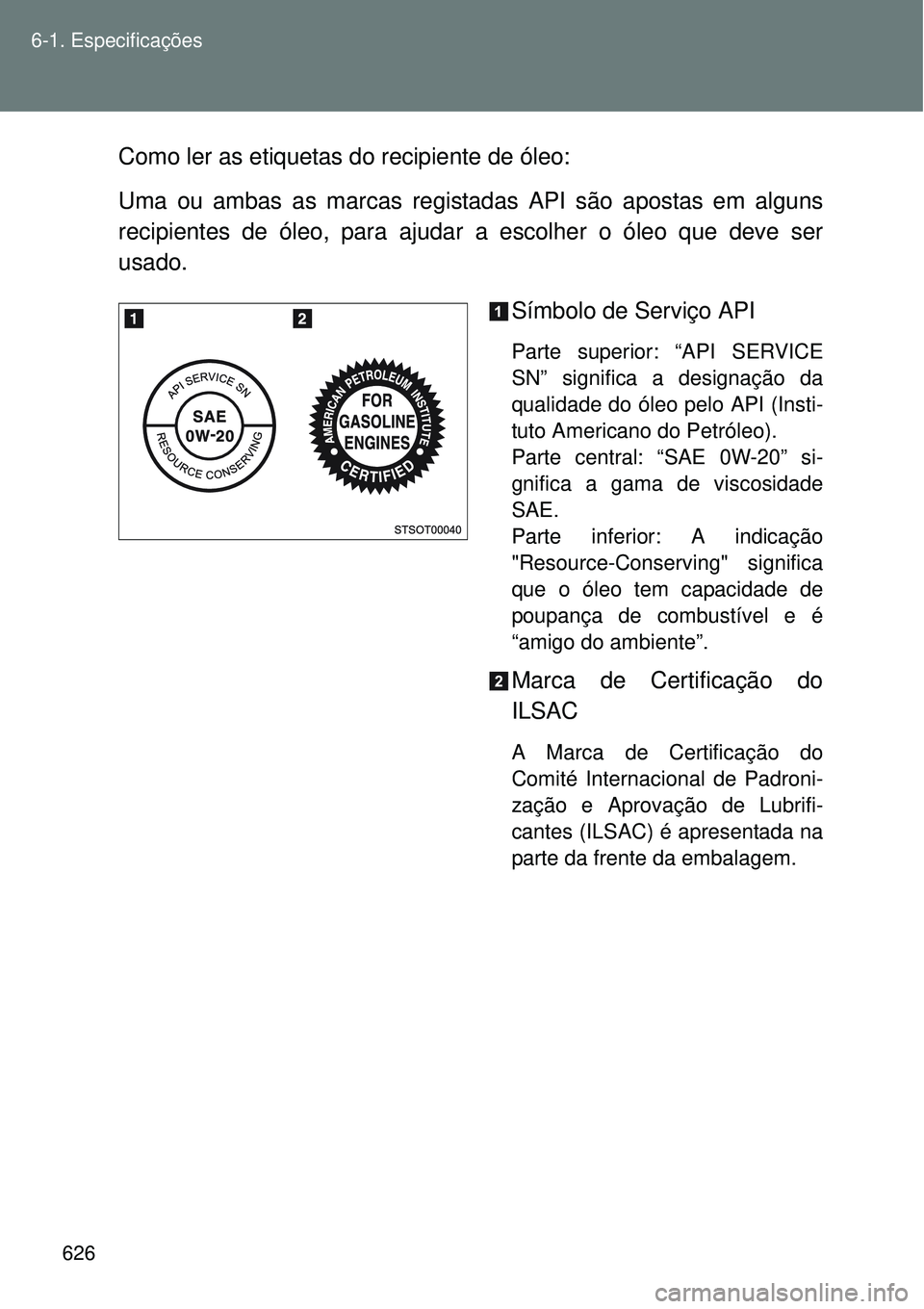 TOYOTA VERSO 2016 Manual de utilização (in Portuguese) 626 6-1. Especificações
Como ler as etiquetas do recipiente de óleo:
Uma ou ambas as marcas registadas API são apostas em alguns
recipientes de óleo, para ajudar a escolher o óleo que deve ser
u TOYOTA VERSO 2016 Manual de utilização (in Portuguese) 626 6-1. Especificações
Como ler as etiquetas do recipiente de óleo:
Uma ou ambas as marcas registadas API são apostas em alguns
recipientes de óleo, para ajudar a escolher o óleo que deve ser
u