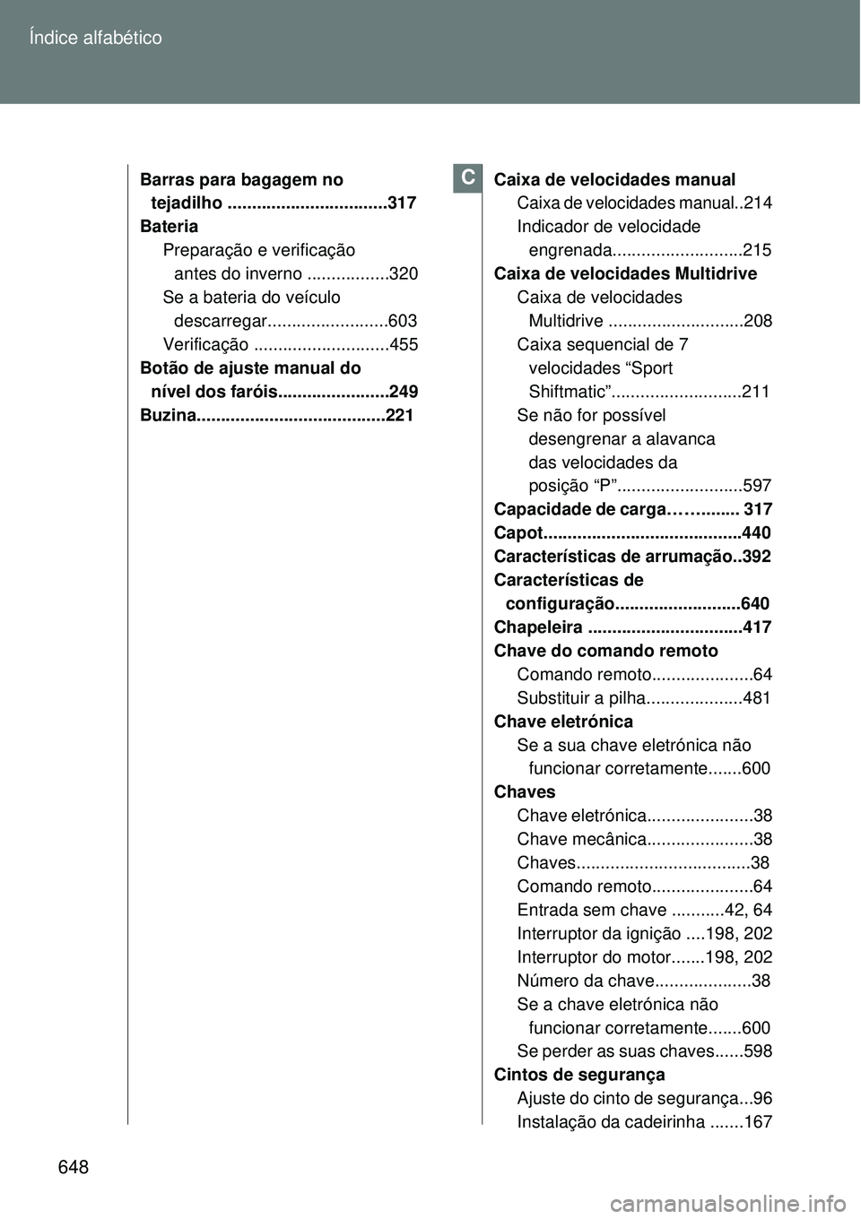 TOYOTA VERSO 2016  Manual de utilização (in Portuguese) 648 Índice alfabético
Barras para bagagem no 
tejadilho .................................317
Bateria
Preparação e verificação 
antes do inverno .................320
Se a bateria do veículo 
des