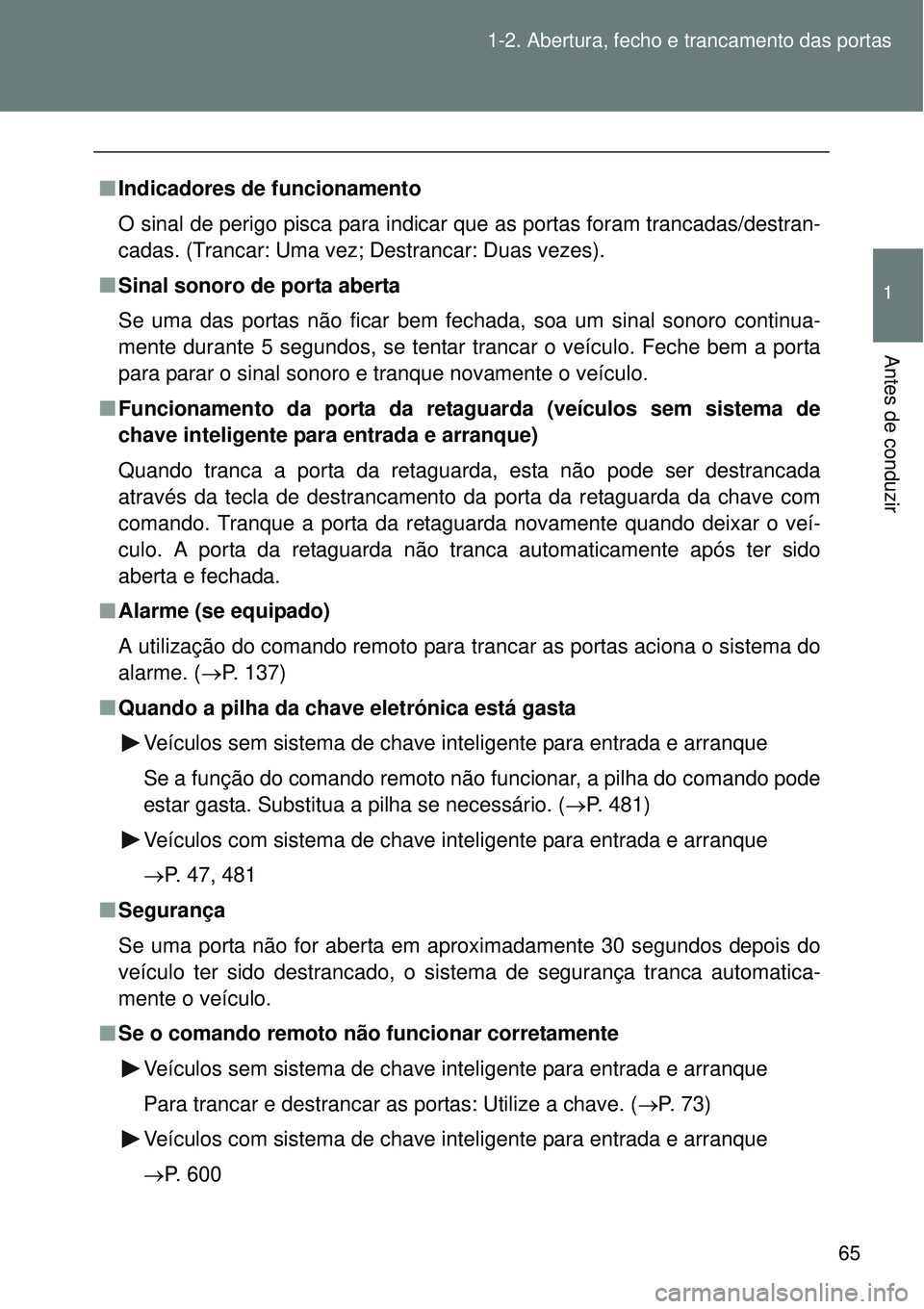 TOYOTA VERSO 2016 Manual de utilização (in Portuguese) 65 1-2. Abertura, fecho e trancamento das portas
1
Antes de conduzir
nIndicadores de funcionamento
O sinal de perigo pisca para indicar que as portas foram trancadas/destran-
cadas. (Trancar: Uma vez; TOYOTA VERSO 2016 Manual de utilização (in Portuguese) 65 1-2. Abertura, fecho e trancamento das portas
1
Antes de conduzir
nIndicadores de funcionamento
O sinal de perigo pisca para indicar que as portas foram trancadas/destran-
cadas. (Trancar: Uma vez;