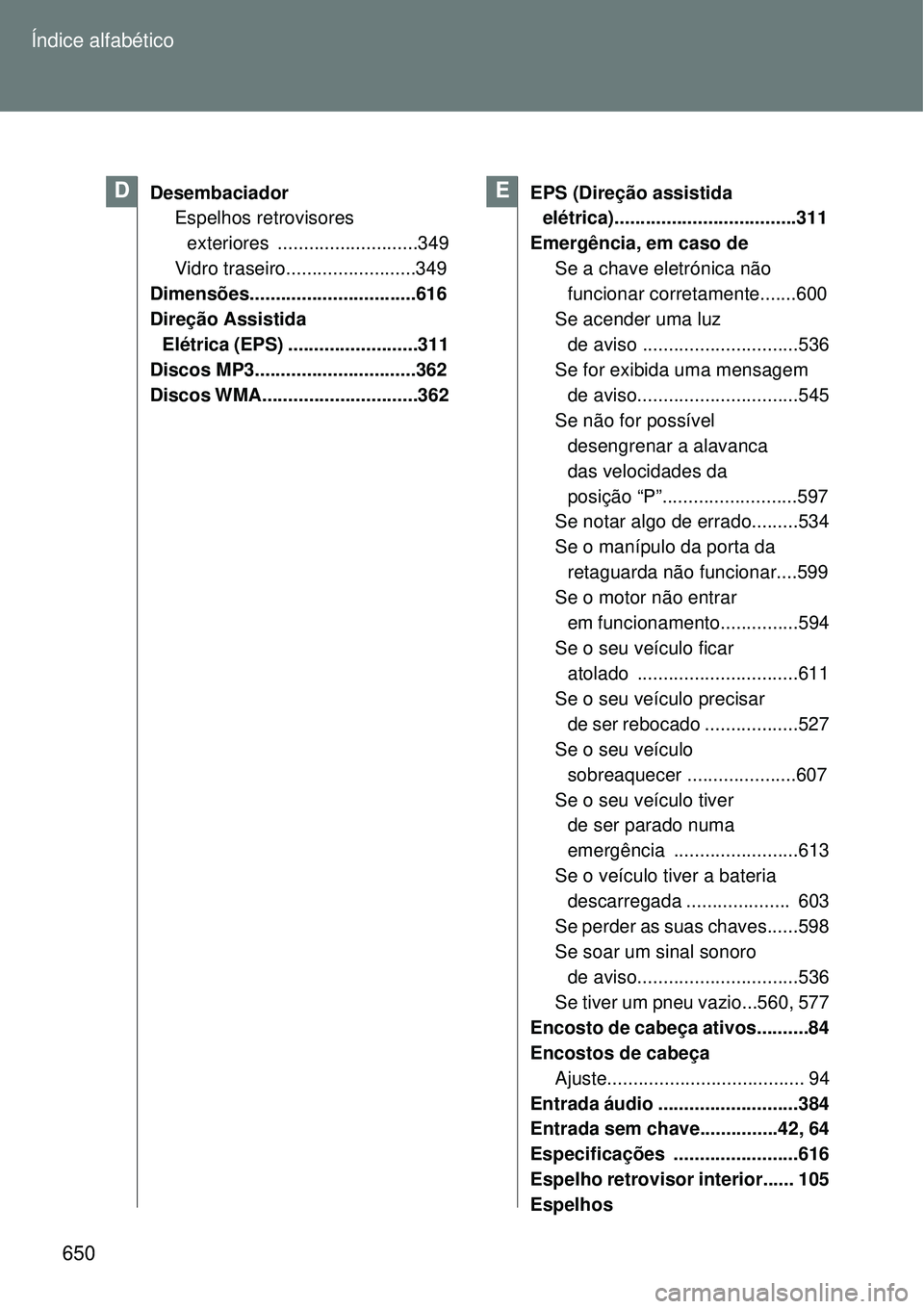 TOYOTA VERSO 2016 Manual de utilização (in Portuguese) 650 Índice alfabético
Desembaciador
Espelhos retrovisores
exteriores ...........................349
Vidro traseiro.........................349
Dimensões................................616
Direç TOYOTA VERSO 2016 Manual de utilização (in Portuguese) 650 Índice alfabético
Desembaciador
Espelhos retrovisores
exteriores ...........................349
Vidro traseiro.........................349
Dimensões................................616
Direç