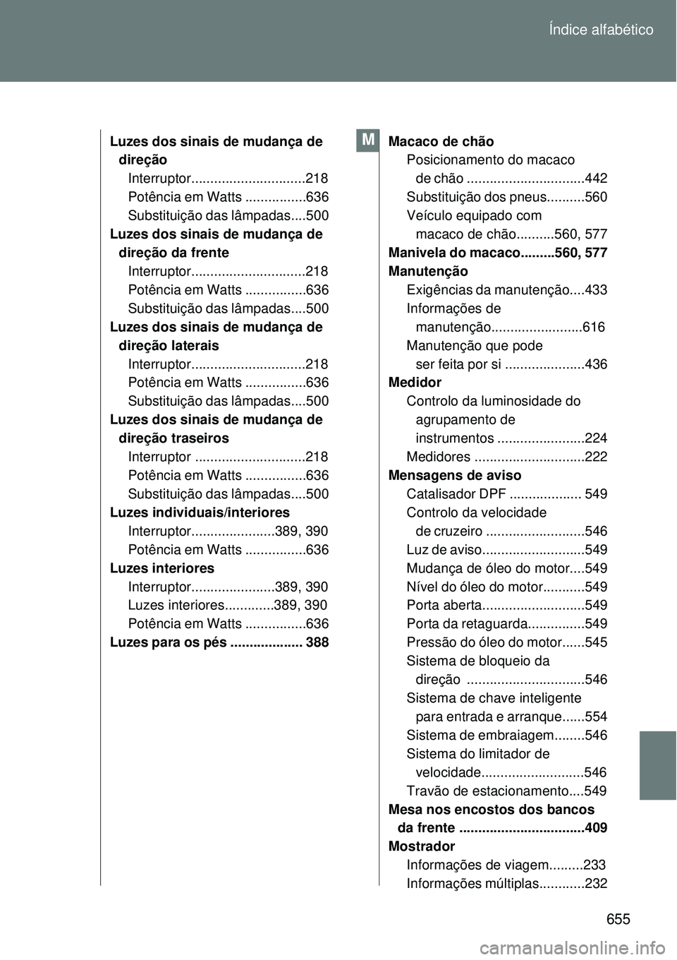 TOYOTA VERSO 2016 Manual de utilização (in Portuguese) 655 Índice alfabético
Luzes dos sinais de mudança de
direção
Interruptor..............................218
Potência em Watts ................636
Substituição das lâmpadas....500
Luzes dos sin TOYOTA VERSO 2016 Manual de utilização (in Portuguese) 655 Índice alfabético
Luzes dos sinais de mudança de
direção
Interruptor..............................218
Potência em Watts ................636
Substituição das lâmpadas....500
Luzes dos sin