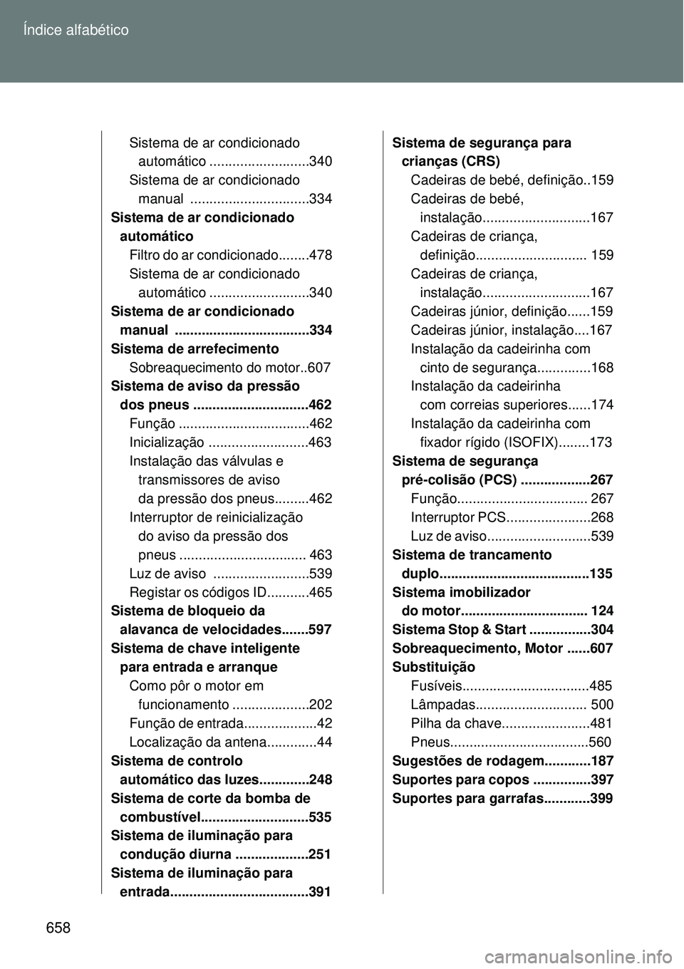 TOYOTA VERSO 2016 Manual de utilização (in Portuguese) 658 Índice alfabético
Sistema de ar condicionado
automático ..........................340
Sistema de ar condicionado
manual ...............................334
Sistema de ar condicionado
automá TOYOTA VERSO 2016 Manual de utilização (in Portuguese) 658 Índice alfabético
Sistema de ar condicionado
automático ..........................340
Sistema de ar condicionado
manual ...............................334
Sistema de ar condicionado
automá