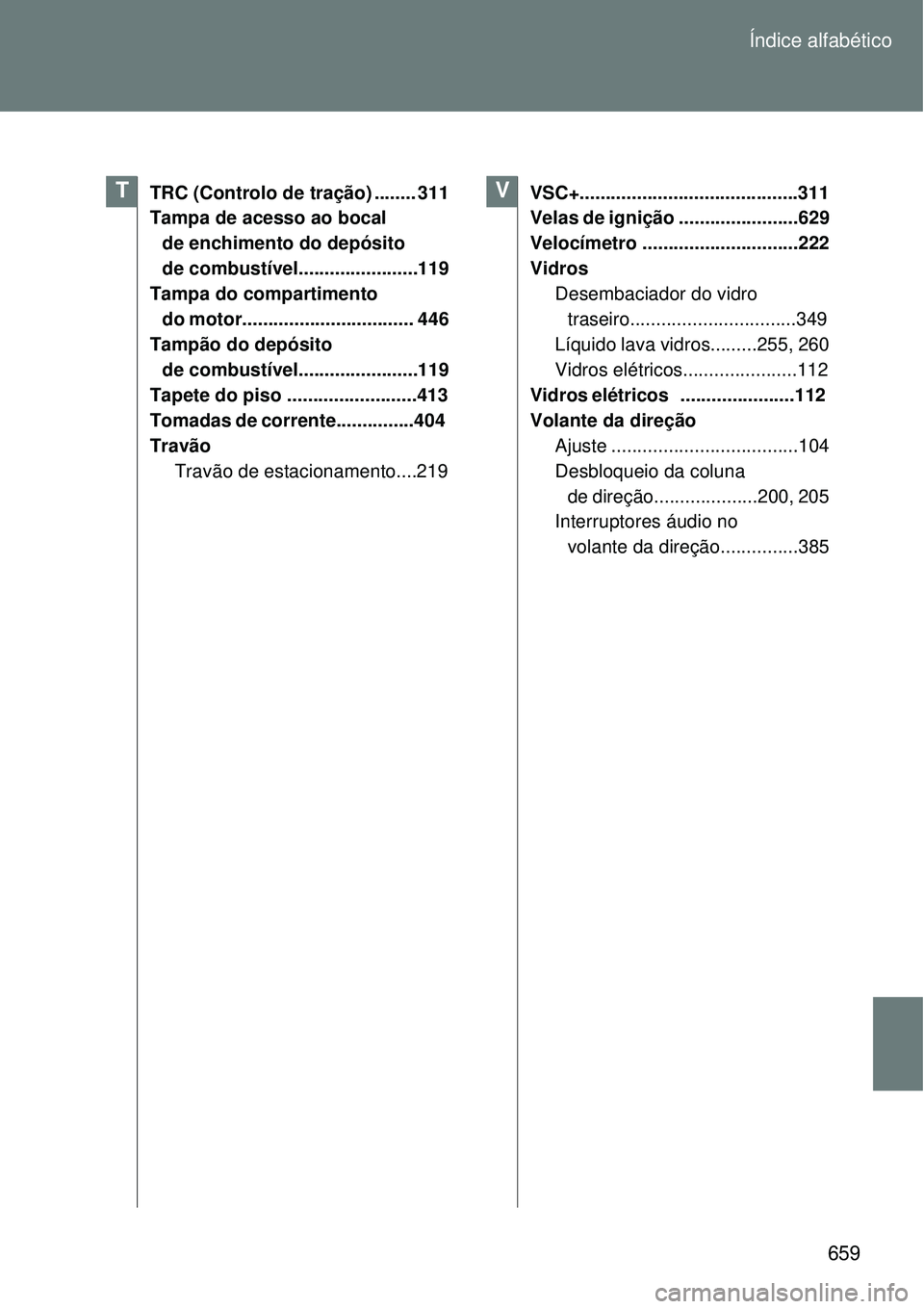 TOYOTA VERSO 2016 Manual de utilização (in Portuguese) 659 Índice alfabético
TRC (Controlo de tração) ........ 311
Tampa de acesso ao bocal
de enchimento do depósito
de combustível.......................119
Tampa do compartimento
do motor........ TOYOTA VERSO 2016 Manual de utilização (in Portuguese) 659 Índice alfabético
TRC (Controlo de tração) ........ 311
Tampa de acesso ao bocal
de enchimento do depósito
de combustível.......................119
Tampa do compartimento
do motor........