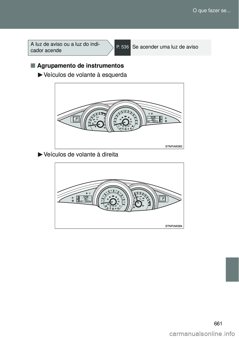 TOYOTA VERSO 2016  Manual de utilização (in Portuguese) 661 O que fazer se...
nAgrupamento de instrumentos 
Veículos de volante à esquerda
Veículos de volante à direita
A luz de aviso ou a luz do indi-
cador acendeP. 536Se acender uma luz de aviso   TOYOTA VERSO 2016  Manual de utilização (in Portuguese) 661 O que fazer se...
nAgrupamento de instrumentos 
Veículos de volante à esquerda
Veículos de volante à direita
A luz de aviso ou a luz do indi-
cador acendeP. 536Se acender uma luz de aviso