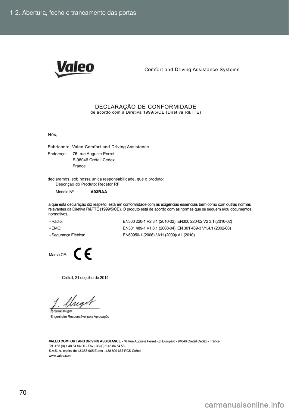 TOYOTA VERSO 2016 Manual de utilização (in Portuguese) 70 1-2. Abertura, fecho e trancamento das portas
Comfort and Driving Assistance Systems
DECLARAÇÃO DE CONFORMIDADEde acordo com a Diretiva 1999/5/CE (Diretiva R&TTE)
Nós,
Fabricante:
Endereço: TOYOTA VERSO 2016 Manual de utilização (in Portuguese) 70 1-2. Abertura, fecho e trancamento das portas
Comfort and Driving Assistance Systems
DECLARAÇÃO DE CONFORMIDADEde acordo com a Diretiva 1999/5/CE (Diretiva R&TTE)
Nós,
Fabricante:
Endereço: