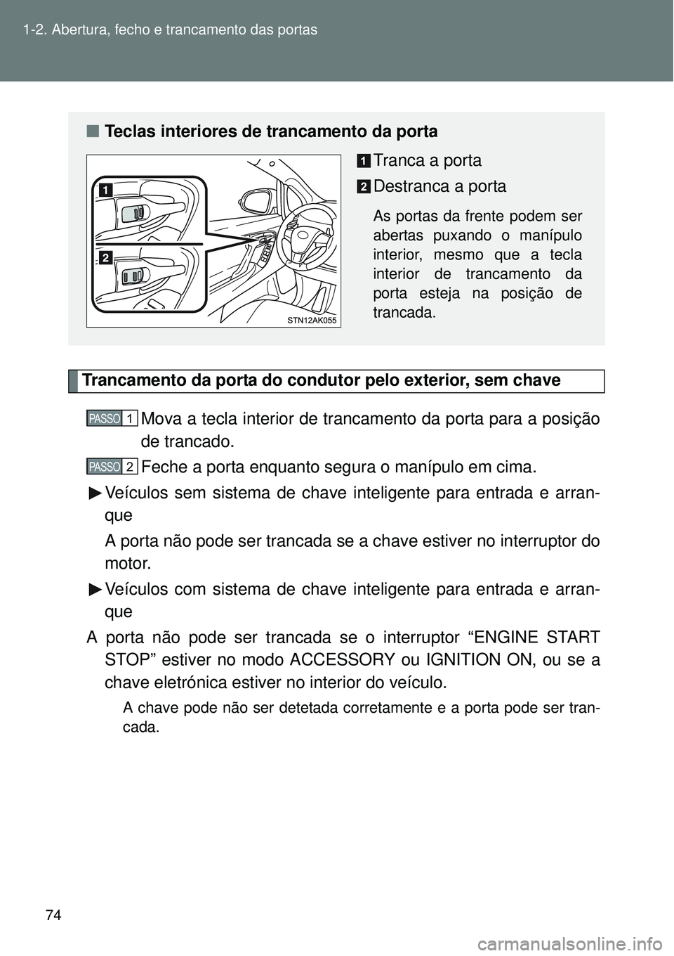TOYOTA VERSO 2016 Manual de utilização (in Portuguese) 74 1-2. Abertura, fecho e trancamento das portas
Trancamento da porta do condutor pelo exterior, sem chave
Mova a tecla interior de trancamento da porta para a posição
de trancado.
Feche a porta enq TOYOTA VERSO 2016 Manual de utilização (in Portuguese) 74 1-2. Abertura, fecho e trancamento das portas
Trancamento da porta do condutor pelo exterior, sem chave
Mova a tecla interior de trancamento da porta para a posição
de trancado.
Feche a porta enq