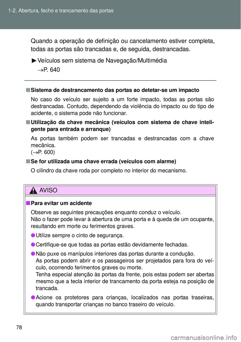 TOYOTA VERSO 2016 Manual de utilização (in Portuguese) 78 1-2. Abertura, fecho e trancamento das portas
Quando a operação de definição ou cancelamento estiver completa,
todas as portas são trancadas e, de seguida, destrancadas.
Veículos sem sistema TOYOTA VERSO 2016 Manual de utilização (in Portuguese) 78 1-2. Abertura, fecho e trancamento das portas
Quando a operação de definição ou cancelamento estiver completa,
todas as portas são trancadas e, de seguida, destrancadas.
Veículos sem sistema