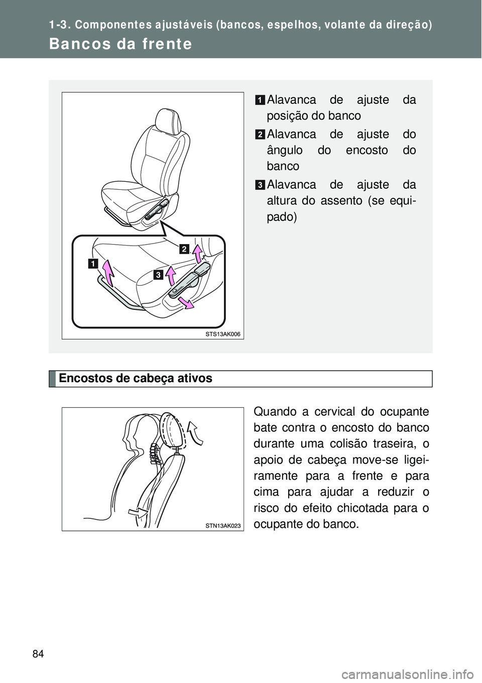 TOYOTA VERSO 2016 Manual de utilização (in Portuguese) 84
1-3.Componentes ajustáveis (bancos, espelhos, volante da direção)
Bancos da frente
Encostos de cabeça ativos
Quando a cervical do ocupante
bate contra o encosto do banco
durante uma colisão t TOYOTA VERSO 2016 Manual de utilização (in Portuguese) 84
1-3.Componentes ajustáveis (bancos, espelhos, volante da direção)
Bancos da frente
Encostos de cabeça ativos
Quando a cervical do ocupante
bate contra o encosto do banco
durante uma colisão t