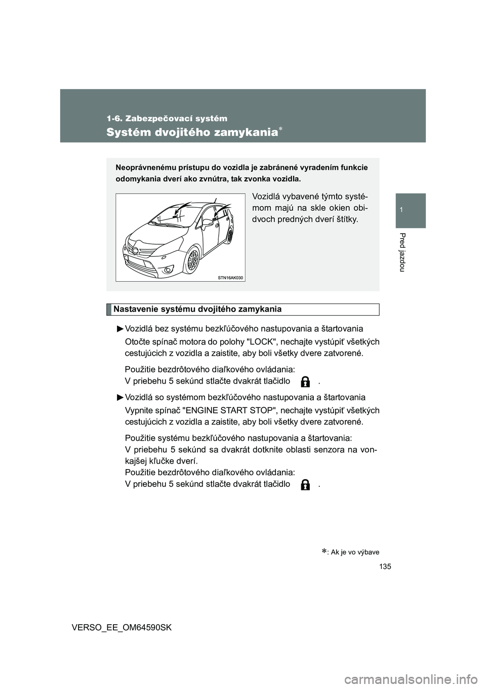 TOYOTA VERSO 2016 Návod na použitie (in Slovakian) 135
1
1-6. Zabezpečovací systém
Pred jazdou
VERSO_EE_OM64590SK
Systém dvojitého zamykania
Nastavenie systému dvojitého zamykania
Vozidlá bez systému bezkľúčového nastupovania a štarto TOYOTA VERSO 2016 Návod na použitie (in Slovakian) 135
1
1-6. Zabezpečovací systém
Pred jazdou
VERSO_EE_OM64590SK
Systém dvojitého zamykania
Nastavenie systému dvojitého zamykania
Vozidlá bez systému bezkľúčového nastupovania a štarto