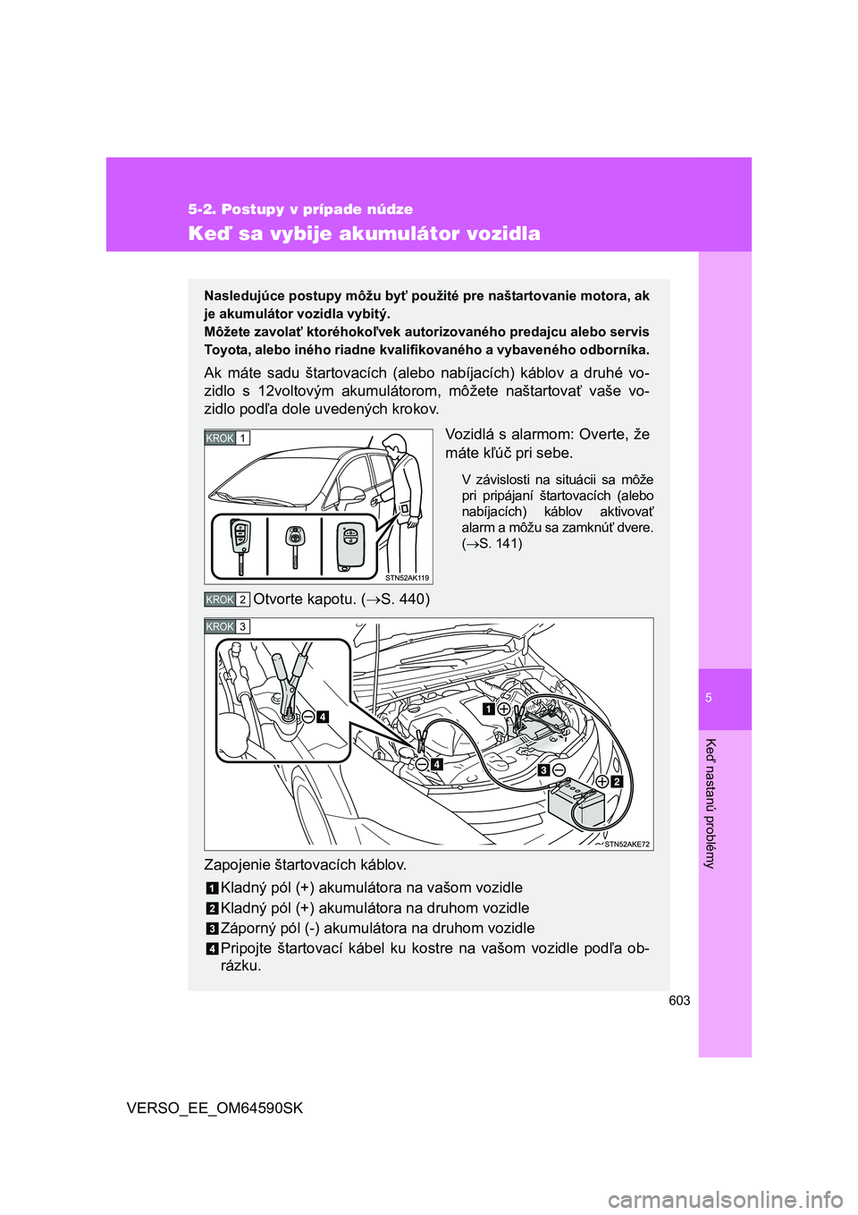 TOYOTA VERSO 2016 Návod na použitie (in Slovakian) 5
603
5-2. Postupy v prípade núdze
Keď nastanú problémy
VERSO_EE_OM64590SK
Keď sa vybije akumulátor vozidla
Nasledujúce postupy môžu byť použité pre naštartovanie motora, ak
je akumulát TOYOTA VERSO 2016 Návod na použitie (in Slovakian) 5
603
5-2. Postupy v prípade núdze
Keď nastanú problémy
VERSO_EE_OM64590SK
Keď sa vybije akumulátor vozidla
Nasledujúce postupy môžu byť použité pre naštartovanie motora, ak
je akumulát