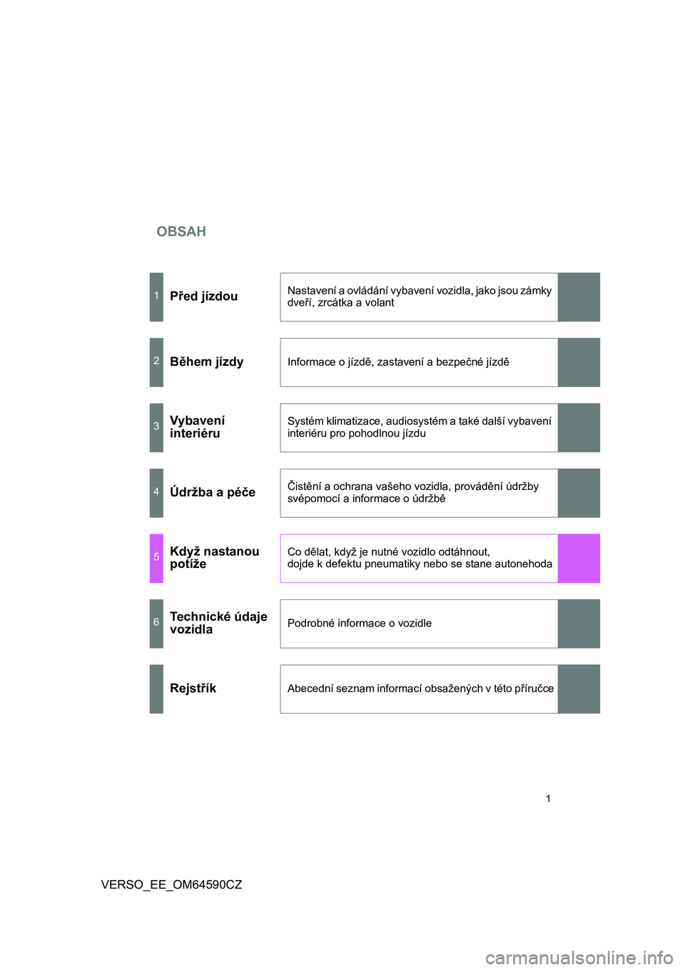 TOYOTA VERSO 2016  Návod na použití (in Czech) OBSAH
1
VERSO_EE_OM64590CZ
1Před jízdouNastavení a ovládání vybavení vozidla, jako jsou zámky 
dveří, zrcátka a volant
2Během jízdyInformace o jízdě, zastavení a bezpečné jízdě
3Vy