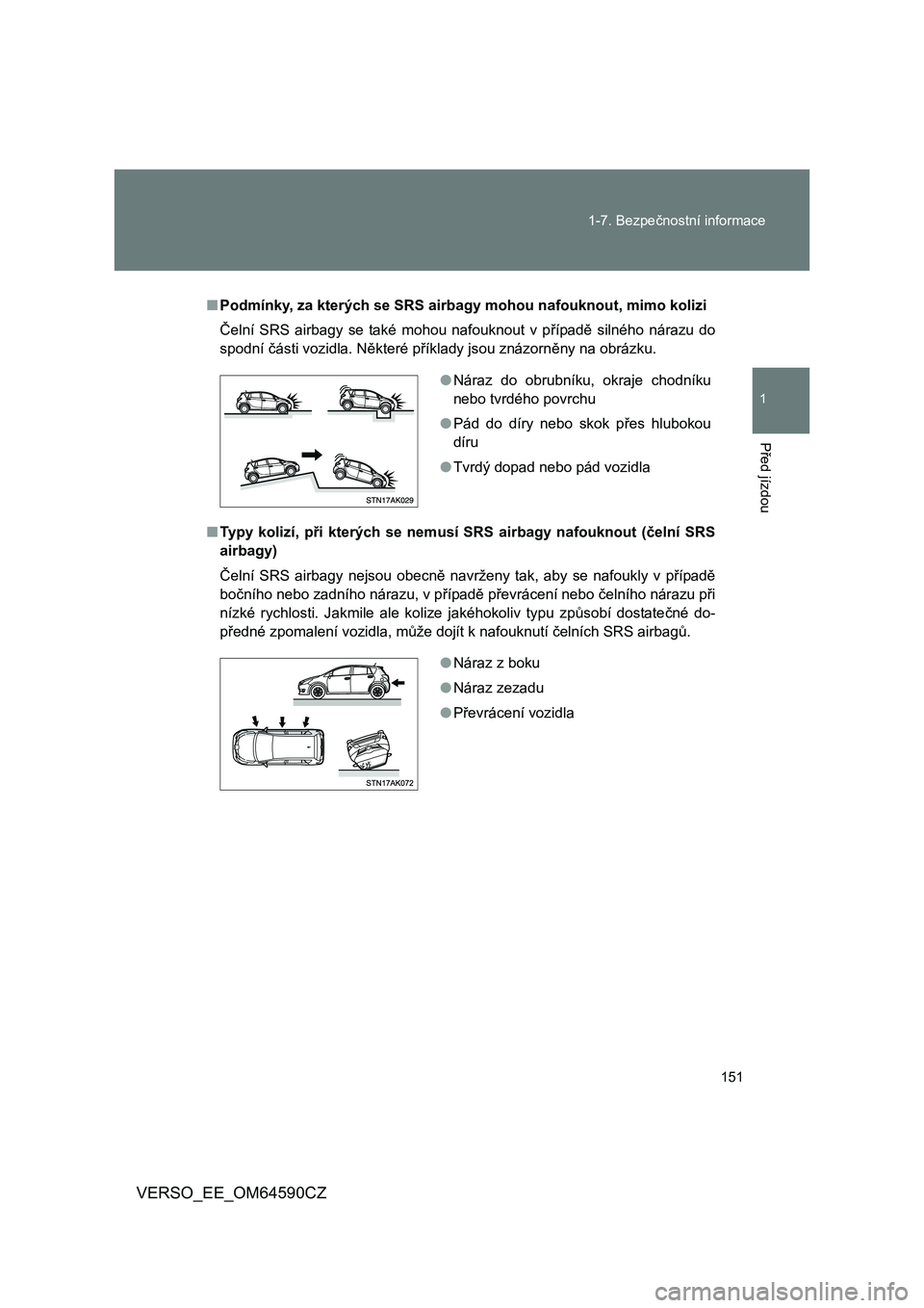 TOYOTA VERSO 2016 Návod na použití (in Czech) 151 1-7. Bezpečnostní informace
1
Před jízdou
VERSO_EE_OM64590CZ
■Podmínky, za kterých se SRS airbagy mohou nafouknout, mimo kolizi
Čelní SRS airbagy se také mohou nafouknout v případě s TOYOTA VERSO 2016 Návod na použití (in Czech) 151 1-7. Bezpečnostní informace
1
Před jízdou
VERSO_EE_OM64590CZ
■Podmínky, za kterých se SRS airbagy mohou nafouknout, mimo kolizi
Čelní SRS airbagy se také mohou nafouknout v případě s