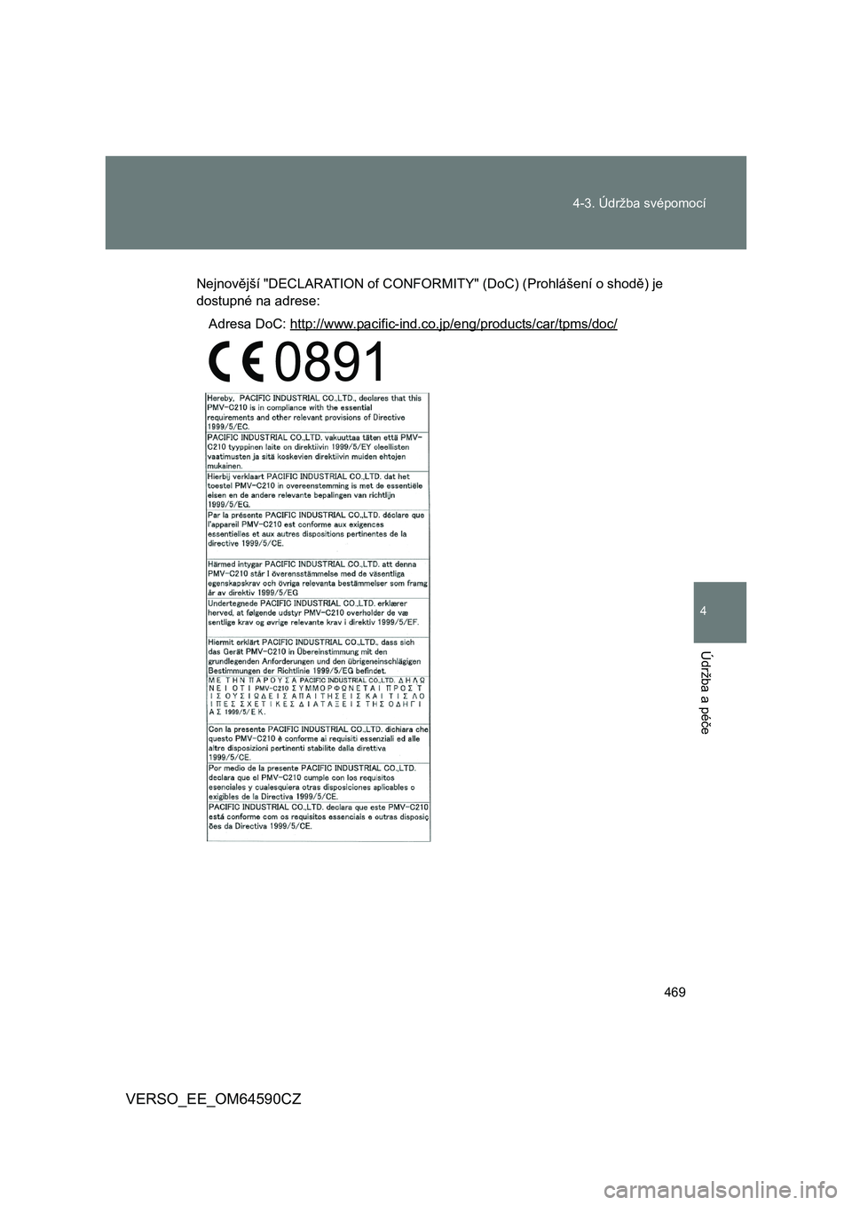 TOYOTA VERSO 2016  Návod na použití (in Czech) 469 
4-3. Údržba svépomocí
4
Údržba a pé 
če
VERSO_EE_OM64590CZ
Nejnovější "DECLARATION of CONFORMITY" (DoC) (Prohlášení o shodě) je 
dostupné na adrese: 
Adresa DoC: http://www.pacifi