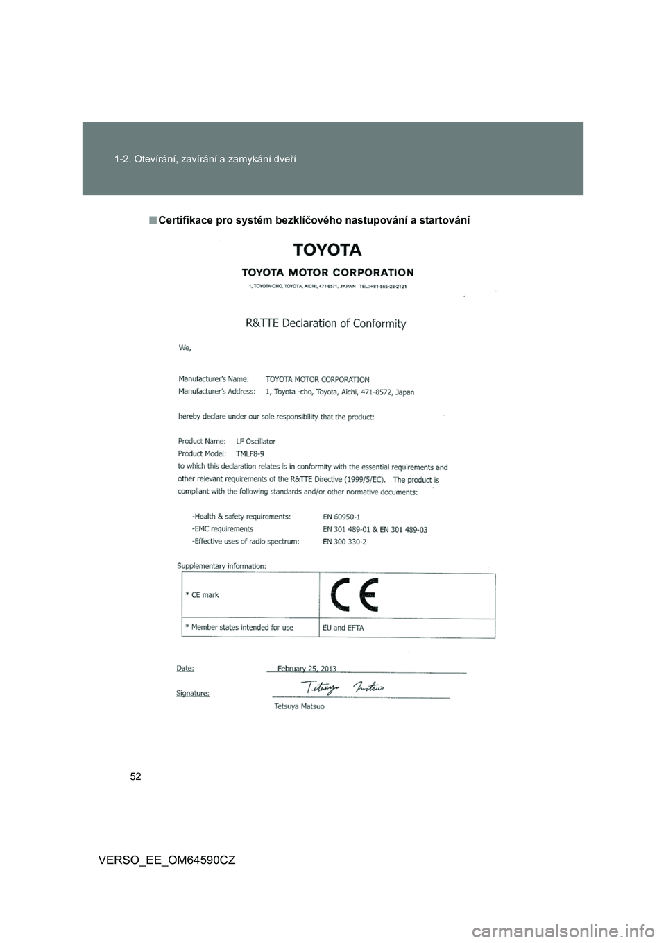 TOYOTA VERSO 2016  Návod na použití (in Czech) 52 
1-2. Otevírání, zavír ání a zamykání dveří
VERSO_EE_OM64590CZ
■Certifikace pro systém bezklíčového nastupování a startování 