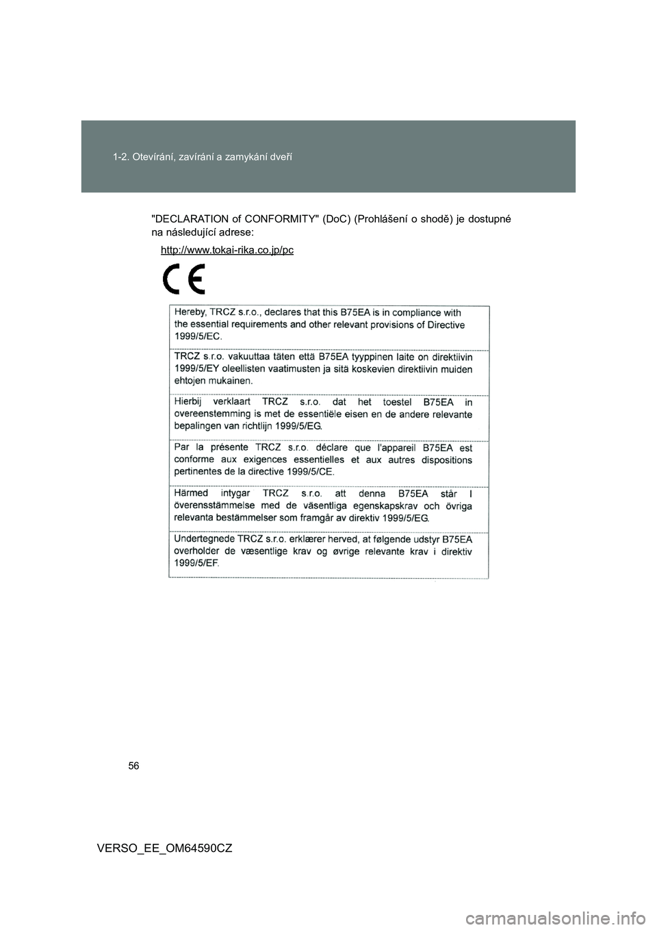 TOYOTA VERSO 2016  Návod na použití (in Czech) 56 
1-2. Otevírání, zavír ání a zamykání dveří
VERSO_EE_OM64590CZ
"DECLARATION of CONFORMITY" (DoC) (Prohlášení o shodě) je dostupné 
na následující adrese: 
http://www.tokai-rika.co
