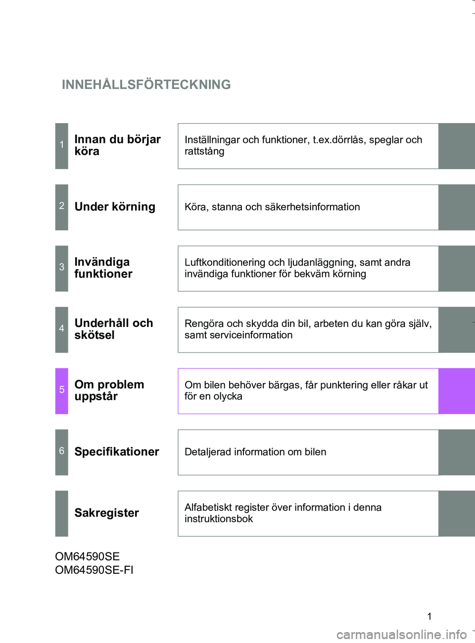 TOYOTA VERSO 2016  Bruksanvisningar (in Swedish) INNEHÅLLSFÖRTECKNING
1
OM64590SE
1Innan du börjar 
köraInställningar och funktioner, t.ex.dörrlås, speglar och 
rattstång
2Under körningKöra, stanna och säkerhetsinformation
3Invändiga 
fu