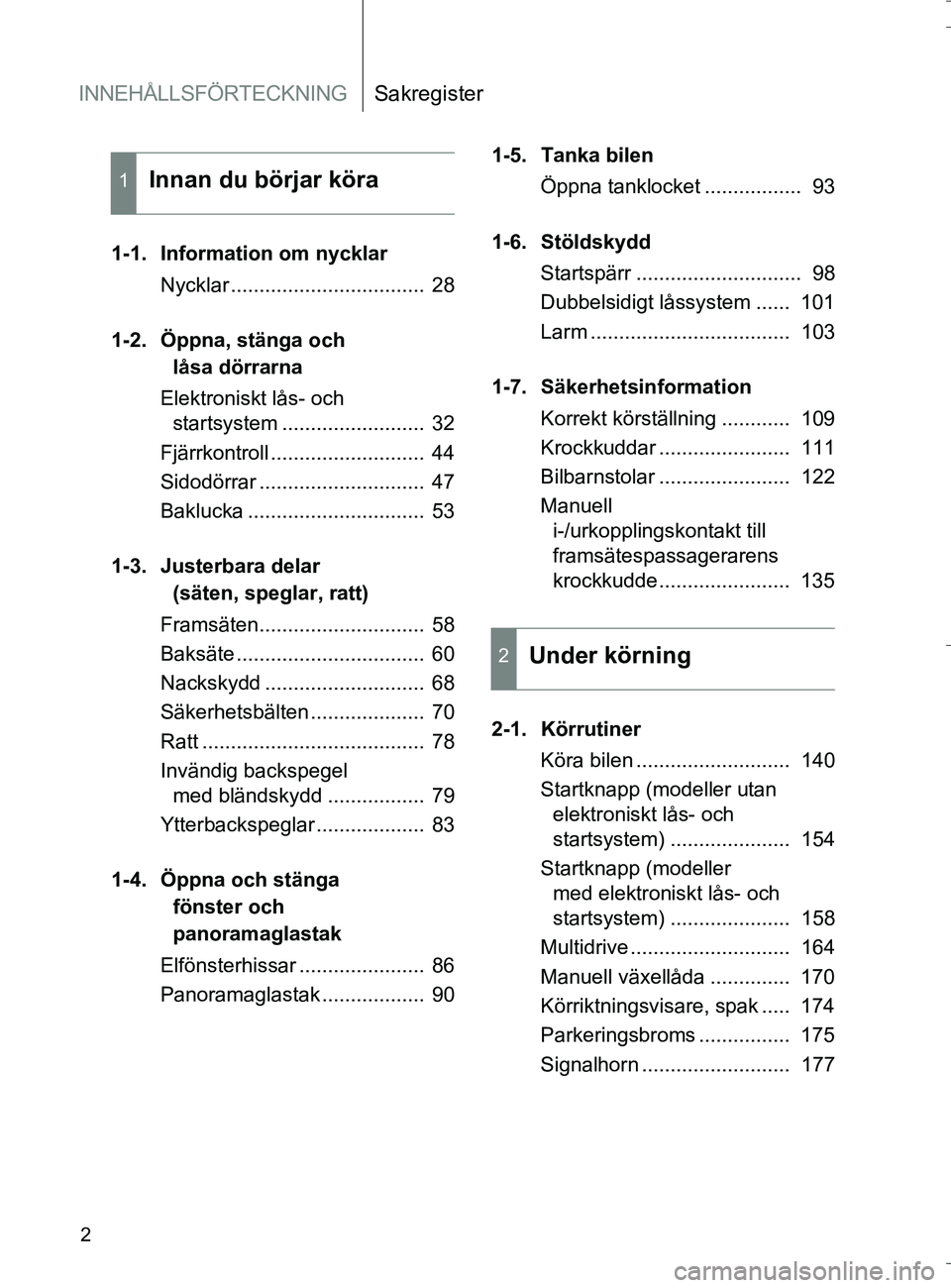 TOYOTA VERSO 2016 Bruksanvisningar (in Swedish) INNEHÅLLSFÖRTECKNINGSakregister
2
OM64590SE
1-1. Information om nycklarNycklar .................................. 28
1-2. Öppna, stänga och låsa dörrarna
Elektroniskt lås- och startsystem .. TOYOTA VERSO 2016 Bruksanvisningar (in Swedish) INNEHÅLLSFÖRTECKNINGSakregister
2
OM64590SE
1-1. Information om nycklarNycklar .................................. 28
1-2. Öppna, stänga och låsa dörrarna
Elektroniskt lås- och startsystem ..