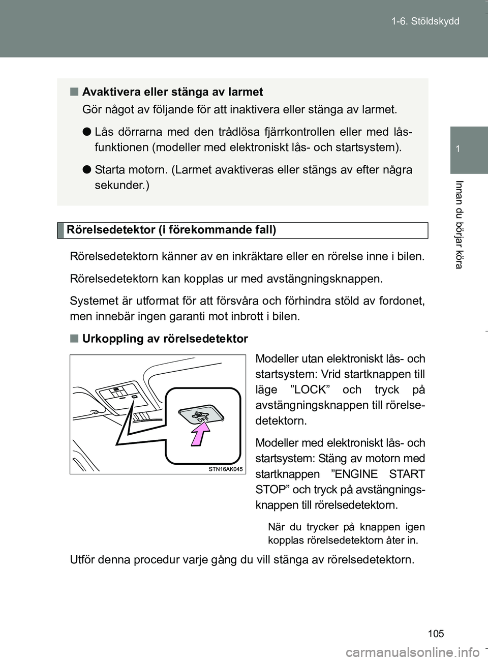 TOYOTA VERSO 2016 Bruksanvisningar (in Swedish) 105
1-6. Stöldskydd
1
Innan du börjar köra
OM64590SE
Rörelsedetektor (i förekommande fall)
Rörelsedetektorn känner av en inkräktare eller en rörelse inne i bilen.
Rörelsedetektorn kan koppla TOYOTA VERSO 2016 Bruksanvisningar (in Swedish) 105
1-6. Stöldskydd
1
Innan du börjar köra
OM64590SE
Rörelsedetektor (i förekommande fall)
Rörelsedetektorn känner av en inkräktare eller en rörelse inne i bilen.
Rörelsedetektorn kan koppla