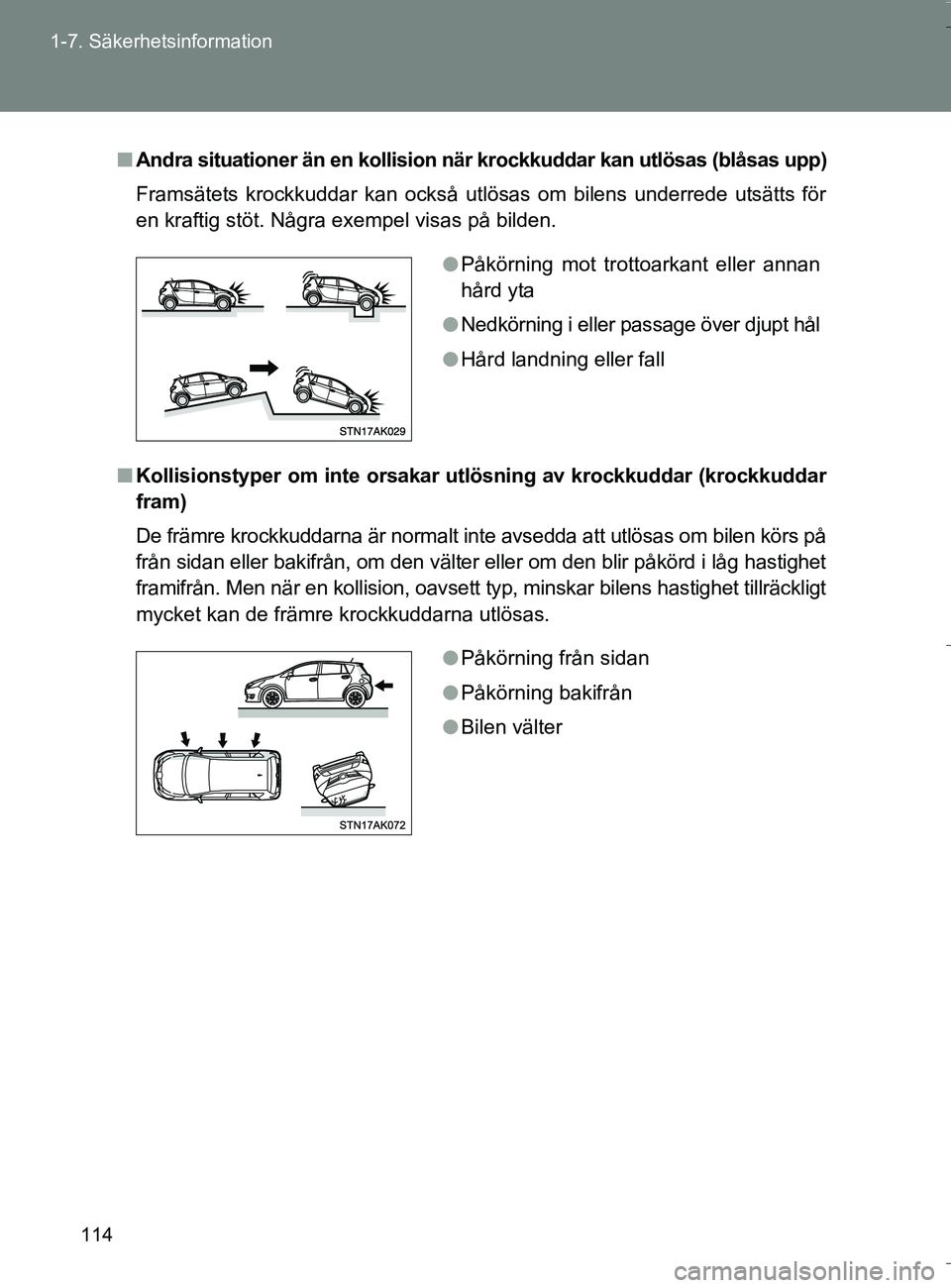 TOYOTA VERSO 2016 Bruksanvisningar (in Swedish) 114
1-7. Säkerhetsinformation
OM64590SE
n
Andra situationer än en kollision när krockkuddar kan utlösas (blåsas upp)
Framsätets krockkuddar kan också utlösas om bilens underrede utsätts för
TOYOTA VERSO 2016 Bruksanvisningar (in Swedish) 114
1-7. Säkerhetsinformation
OM64590SE
n
Andra situationer än en kollision när krockkuddar kan utlösas (blåsas upp)
Framsätets krockkuddar kan också utlösas om bilens underrede utsätts för