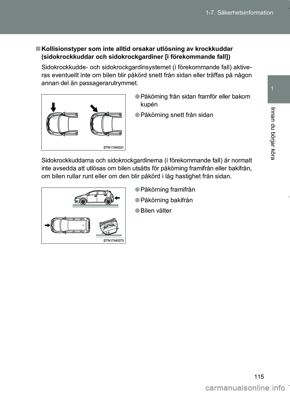 TOYOTA VERSO 2016  Bruksanvisningar (in Swedish) 115
1-7. Säkerhetsinformation
1
Innan du börjar köra
OM64590SE
n
Kollisionstyper som inte alltid orsakar utlösning av krockkuddar 
(sidokrockkuddar och sidokrockgar diner [i förekommande fall])
S