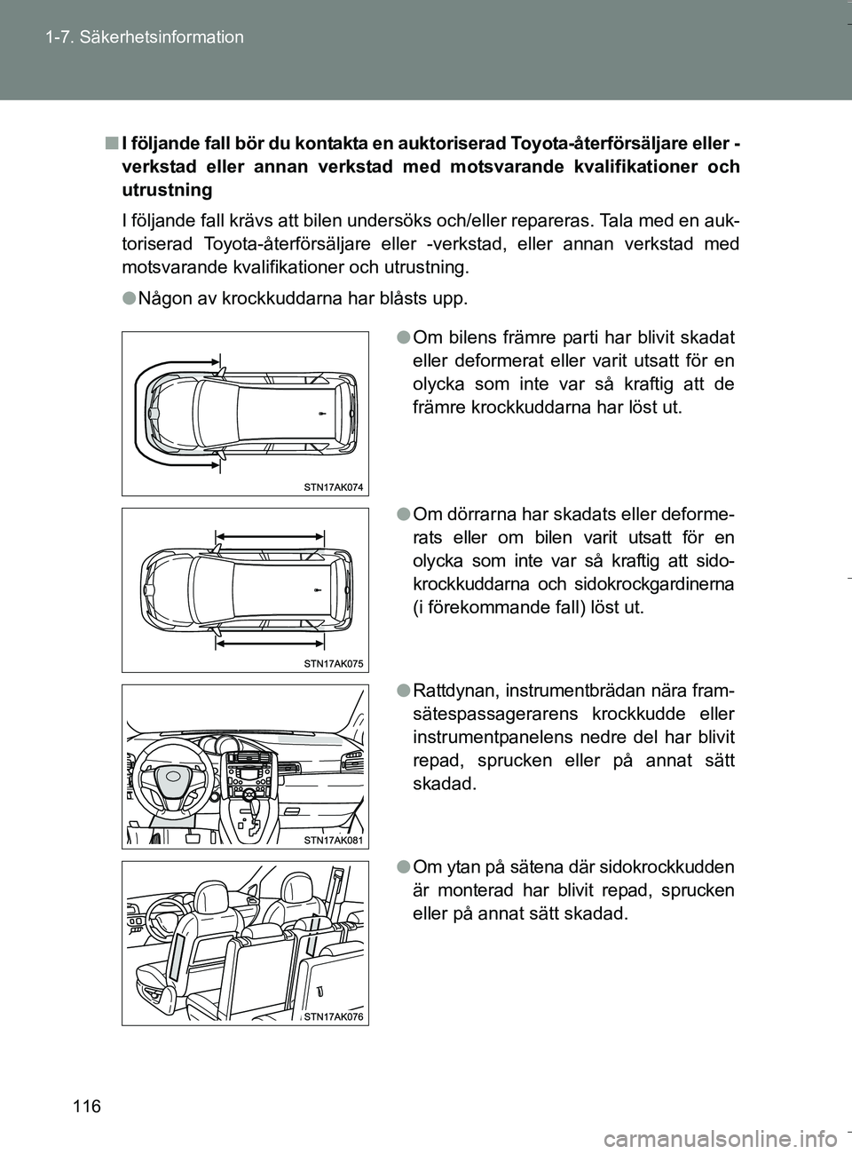 TOYOTA VERSO 2016 Bruksanvisningar (in Swedish) 116
1-7. Säkerhetsinformation
OM64590SE
n
I följande fall bör du kontakta en aukt oriserad Toyota-återförsäljare eller -
verkstad eller annan verkstad med motsvarande kvalifikationer och
utrustn TOYOTA VERSO 2016 Bruksanvisningar (in Swedish) 116
1-7. Säkerhetsinformation
OM64590SE
n
I följande fall bör du kontakta en aukt oriserad Toyota-återförsäljare eller -
verkstad eller annan verkstad med motsvarande kvalifikationer och
utrustn