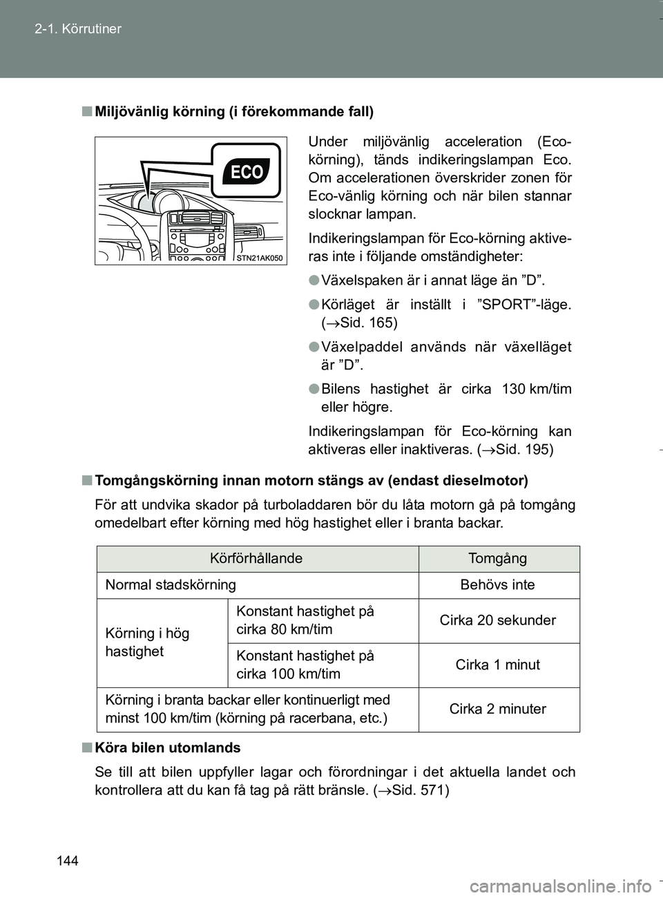 TOYOTA VERSO 2016 Bruksanvisningar (in Swedish) 144
2-1. Körrutiner
OM64590SE
n
Miljövänlig körning (i förekommande fall)
n Tomgångskörning innan motorn stängs av (endast dieselmotor)
För att undvika skador på turboladdaren bör du låta TOYOTA VERSO 2016 Bruksanvisningar (in Swedish) 144
2-1. Körrutiner
OM64590SE
n
Miljövänlig körning (i förekommande fall)
n Tomgångskörning innan motorn stängs av (endast dieselmotor)
För att undvika skador på turboladdaren bör du låta