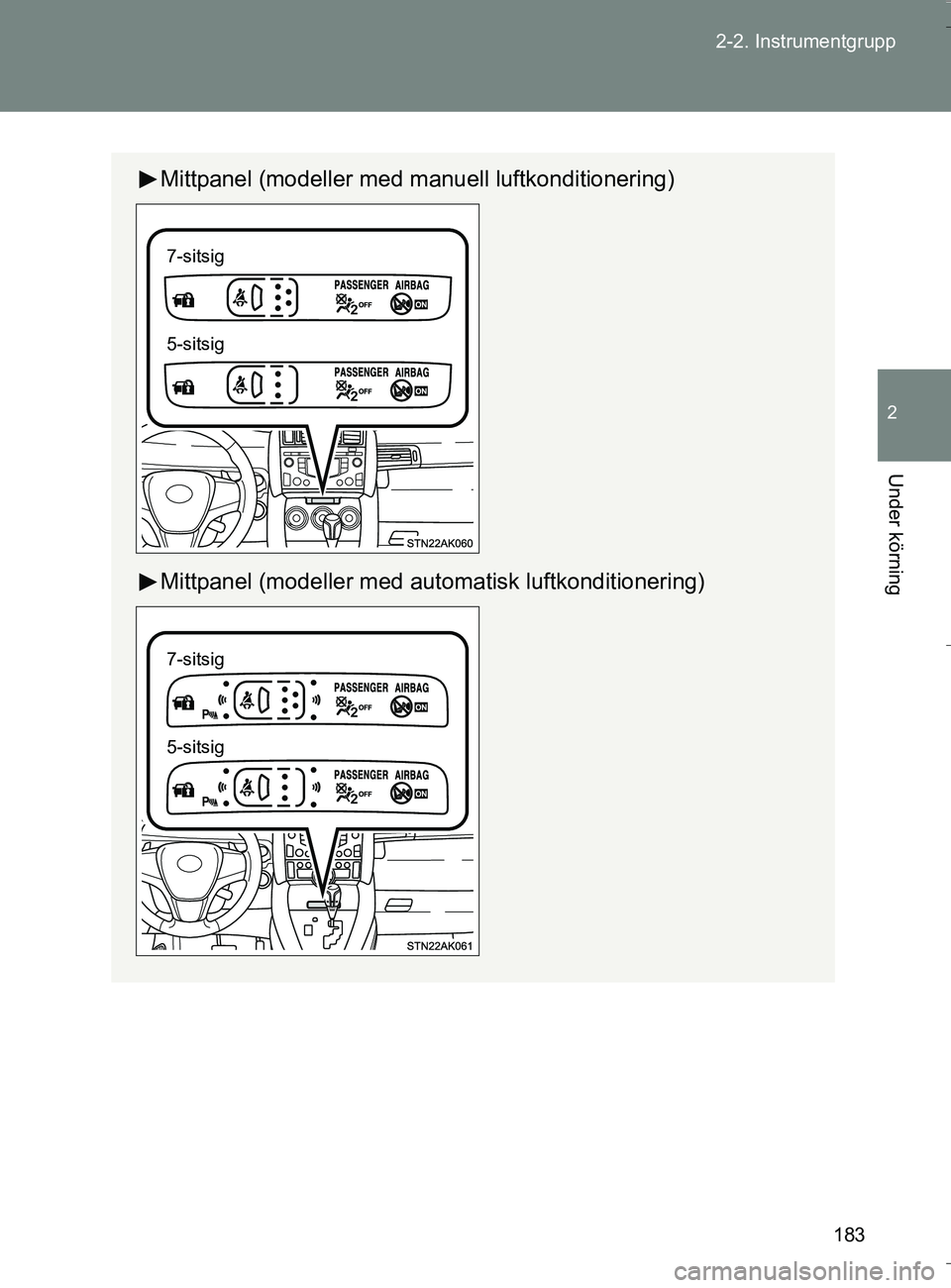 TOYOTA VERSO 2016 Bruksanvisningar (in Swedish) 183
2-2. Instrumentgrupp
2
Under körning
OM64590SE
Mittpanel (modeller med manuell luftkonditionering)
Mittpanel (modeller med automatisk luftkonditionering)
7-sitsig
5-sitsig
7-sitsig
5-sitsig
OM645 TOYOTA VERSO 2016 Bruksanvisningar (in Swedish) 183
2-2. Instrumentgrupp
2
Under körning
OM64590SE
Mittpanel (modeller med manuell luftkonditionering)
Mittpanel (modeller med automatisk luftkonditionering)
7-sitsig
5-sitsig
7-sitsig
5-sitsig
OM645