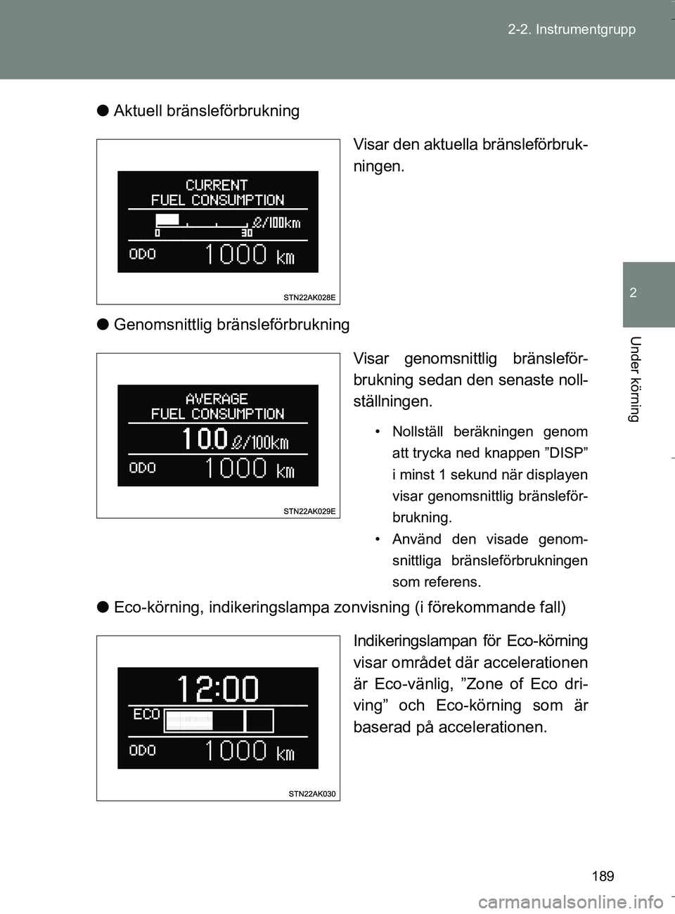 TOYOTA VERSO 2016 Bruksanvisningar (in Swedish) 189
2-2. Instrumentgrupp
2
Under körning
OM64590SE
l
Aktuell bränsleförbrukning
Visar den aktuella bränsleförbruk-
ningen.
l Genomsnittlig bränsleförbrukning
Visar genomsnittlig bränsleför-
b TOYOTA VERSO 2016 Bruksanvisningar (in Swedish) 189
2-2. Instrumentgrupp
2
Under körning
OM64590SE
l
Aktuell bränsleförbrukning
Visar den aktuella bränsleförbruk-
ningen.
l Genomsnittlig bränsleförbrukning
Visar genomsnittlig bränsleför-
b