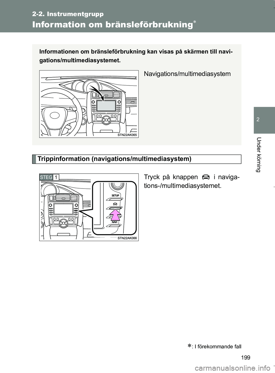TOYOTA VERSO 2016  Bruksanvisningar (in Swedish) 199
2-2. Instrumentgrupp
2
Under körning
OM64590SE
Infor mation om bränsleförbrukning
Trippinformation (navigations/multimediasystem)Tryck på knappen   i naviga-
tions-/multimediasystemet.
: