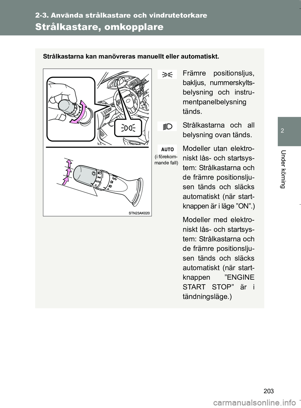 TOYOTA VERSO 2016 Bruksanvisningar (in Swedish) 203
2
Under körning
OM64590SE
2-3. Använda strålkastare och vindrutetorkare
Strålkastare, omkopplare
Strålkastarna kan manövreras manuellt eller automatiskt.
Främre positionsljus,
bakljus, numm TOYOTA VERSO 2016 Bruksanvisningar (in Swedish) 203
2
Under körning
OM64590SE
2-3. Använda strålkastare och vindrutetorkare
Strålkastare, omkopplare
Strålkastarna kan manövreras manuellt eller automatiskt.
Främre positionsljus,
bakljus, numm