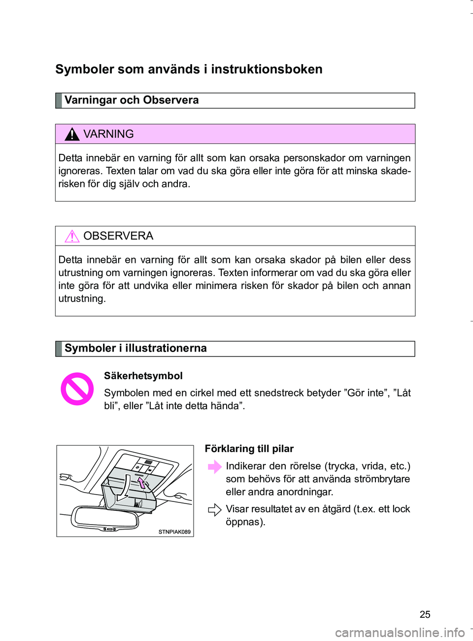 TOYOTA VERSO 2016 Bruksanvisningar (in Swedish) 25
OM64590SE
Symboler som används i instruktionsboken
Varningar och Observera
Symboler i illustrationerna
VA R N I N G
Detta innebär en varning för allt som kan orsaka personskador om varningen
ign TOYOTA VERSO 2016 Bruksanvisningar (in Swedish) 25
OM64590SE
Symboler som används i instruktionsboken
Varningar och Observera
Symboler i illustrationerna
VA R N I N G
Detta innebär en varning för allt som kan orsaka personskador om varningen
ign