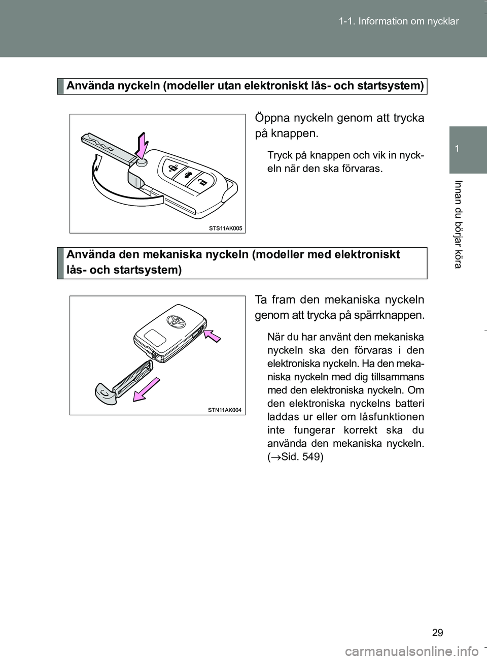 TOYOTA VERSO 2016 Bruksanvisningar (in Swedish) 29
1-1. Information om nycklar
1
Innan du börjar köra
OM64590SE
Använda nyckeln (modeller utan elektroniskt lås- och startsystem)
Öppna nyckeln genom att trycka
på knappen.
Tryck på knappen och TOYOTA VERSO 2016 Bruksanvisningar (in Swedish) 29
1-1. Information om nycklar
1
Innan du börjar köra
OM64590SE
Använda nyckeln (modeller utan elektroniskt lås- och startsystem)
Öppna nyckeln genom att trycka
på knappen.
Tryck på knappen och