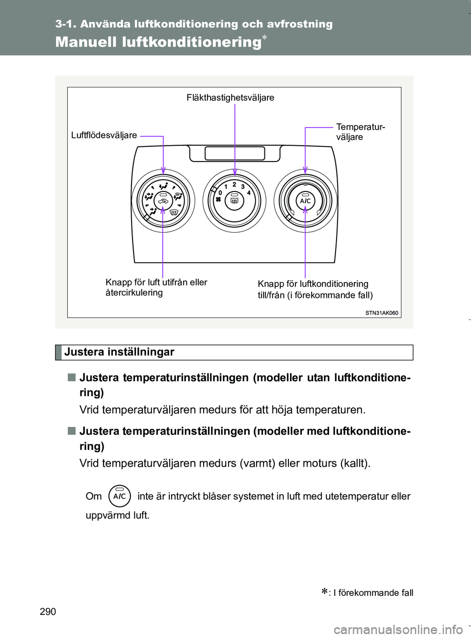 TOYOTA VERSO 2016 Bruksanvisningar (in Swedish) 290
OM64590SE
3-1. Använda luftkonditionering och avfrostning
Manuell luftkonditionering
Justera inställningarn Justera temperaturinställningen (modeller utan luftkonditione-
ring)
Vrid tempera TOYOTA VERSO 2016 Bruksanvisningar (in Swedish) 290
OM64590SE
3-1. Använda luftkonditionering och avfrostning
Manuell luftkonditionering
Justera inställningarn Justera temperaturinställningen (modeller utan luftkonditione-
ring)
Vrid tempera