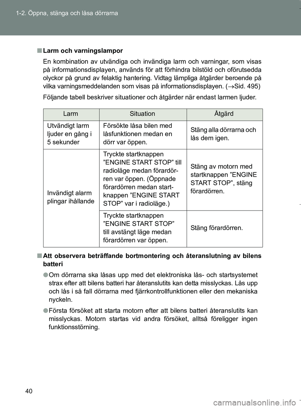 TOYOTA VERSO 2016 Bruksanvisningar (in Swedish) 40
1-2. Öppna, stänga och låsa dörrarna
OM64590SE
n
Larm och varningslampor
En kombination av utvändiga och invändiga larm och varningar, som visas
på informationsdisplayen, används för att f TOYOTA VERSO 2016 Bruksanvisningar (in Swedish) 40
1-2. Öppna, stänga och låsa dörrarna
OM64590SE
n
Larm och varningslampor
En kombination av utvändiga och invändiga larm och varningar, som visas
på informationsdisplayen, används för att f