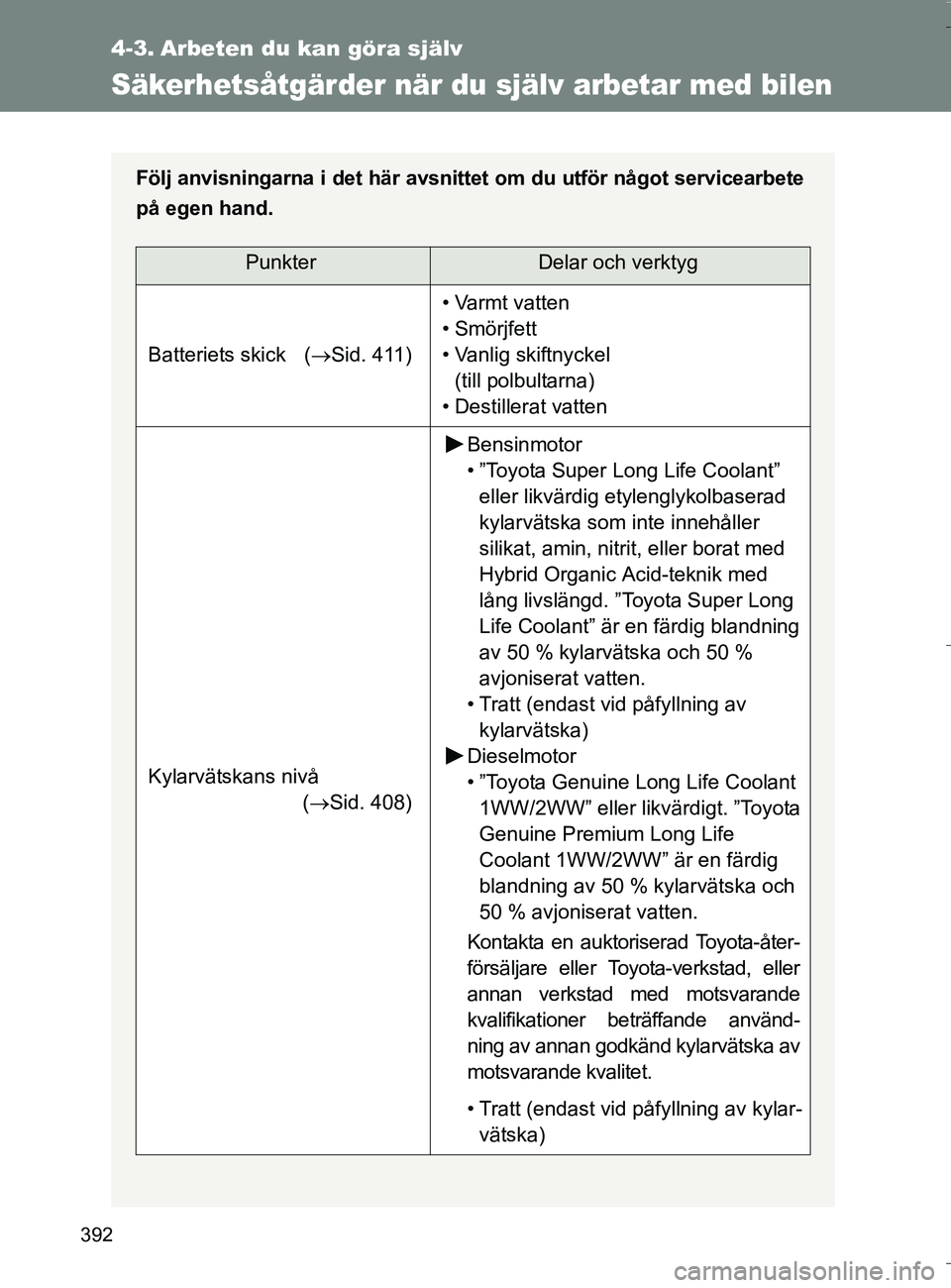 TOYOTA VERSO 2016  Bruksanvisningar (in Swedish) 392
OM64590SE
4-3. Arbeten du kan göra själv
Säkerhetsåtgärder när du själv arbetar med bilen
Följ anvisningarna i det här avsnitte t om du utför något servicearbete
på egen hand.
PunkterD