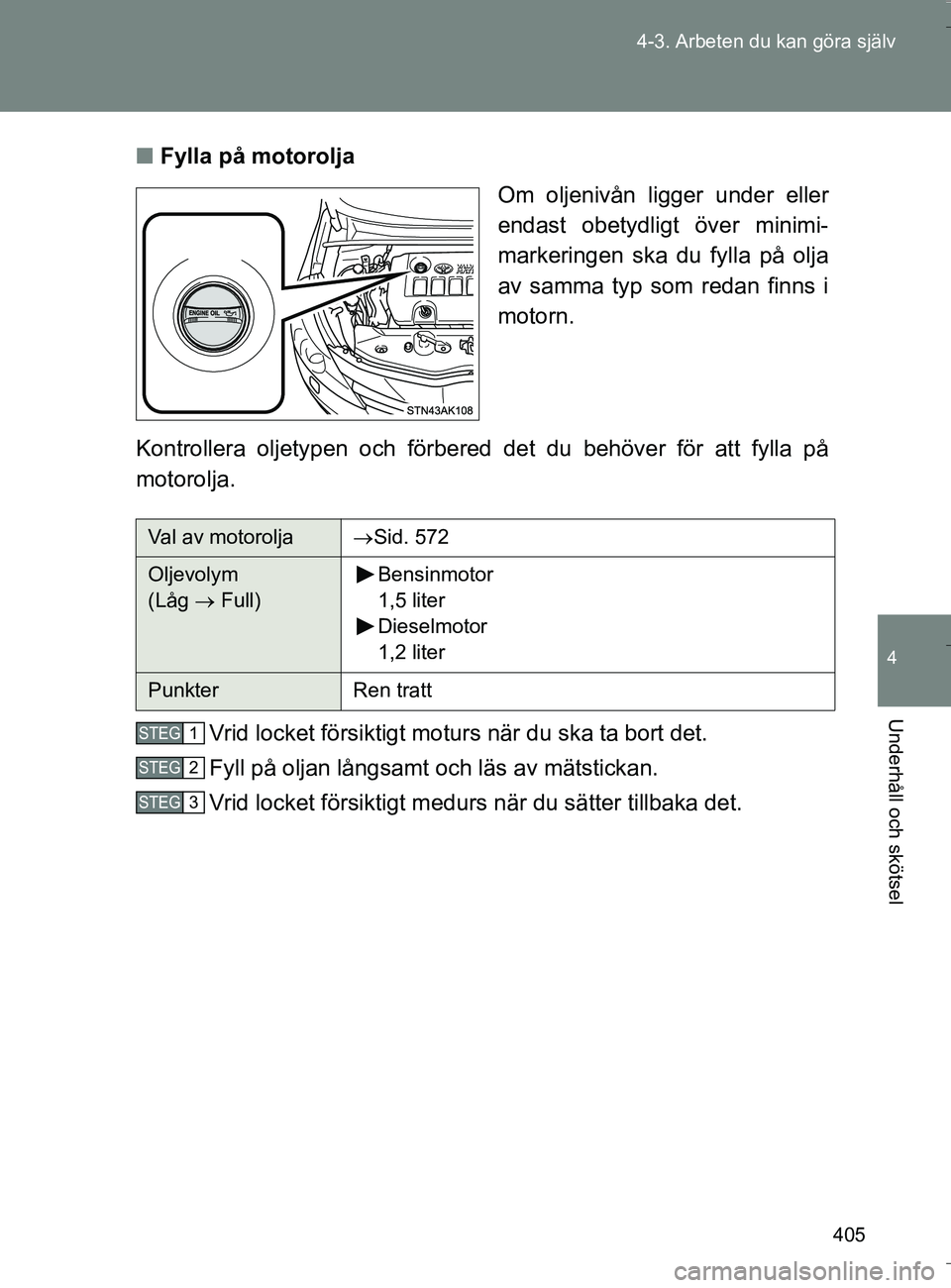 TOYOTA VERSO 2016 Bruksanvisningar (in Swedish) 405
4-3. Arbeten du kan göra själv
4
Underhåll och skötsel
OM64590SE
n
Fylla på motorolja
Om oljenivån ligger under eller
endast obetydligt över minimi-
markeringen ska du fylla på olja
av sam TOYOTA VERSO 2016 Bruksanvisningar (in Swedish) 405
4-3. Arbeten du kan göra själv
4
Underhåll och skötsel
OM64590SE
n
Fylla på motorolja
Om oljenivån ligger under eller
endast obetydligt över minimi-
markeringen ska du fylla på olja
av sam