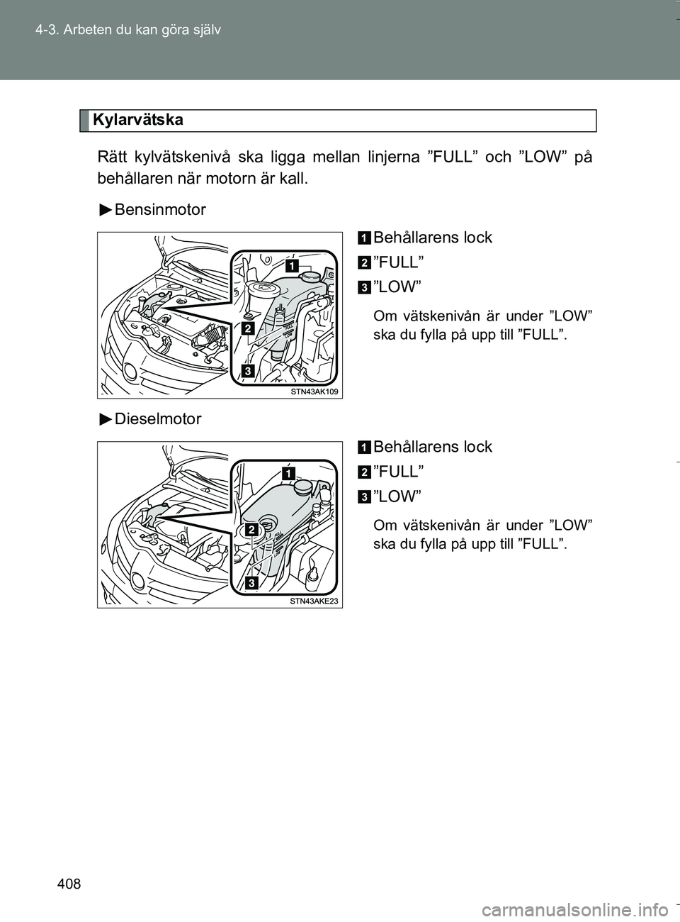 TOYOTA VERSO 2016 Bruksanvisningar (in Swedish) 408
4-3. Arbeten du kan göra själv
OM64590SE
Kylarvätska
Rätt kylvätskenivå ska ligga mellan linjerna ”FULL” och ”LOW” på
behållaren när motorn är kall. Bensinmotor Behållarens lock TOYOTA VERSO 2016 Bruksanvisningar (in Swedish) 408
4-3. Arbeten du kan göra själv
OM64590SE
Kylarvätska
Rätt kylvätskenivå ska ligga mellan linjerna ”FULL” och ”LOW” på
behållaren när motorn är kall. Bensinmotor Behållarens lock