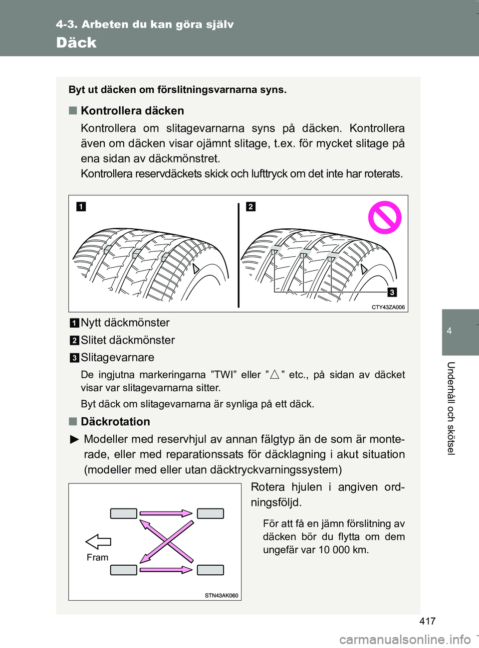 TOYOTA VERSO 2016 Bruksanvisningar (in Swedish) 417
4-3. Arbeten du kan göra själv
4
Underhåll och skötsel
OM64590SE
Däck
Byt ut däcken om förslitningsvarnarna syns.
nKontrollera däcken
Kontrollera om slitagevarnar na syns på däcken. Kont TOYOTA VERSO 2016 Bruksanvisningar (in Swedish) 417
4-3. Arbeten du kan göra själv
4
Underhåll och skötsel
OM64590SE
Däck
Byt ut däcken om förslitningsvarnarna syns.
nKontrollera däcken
Kontrollera om slitagevarnar na syns på däcken. Kont