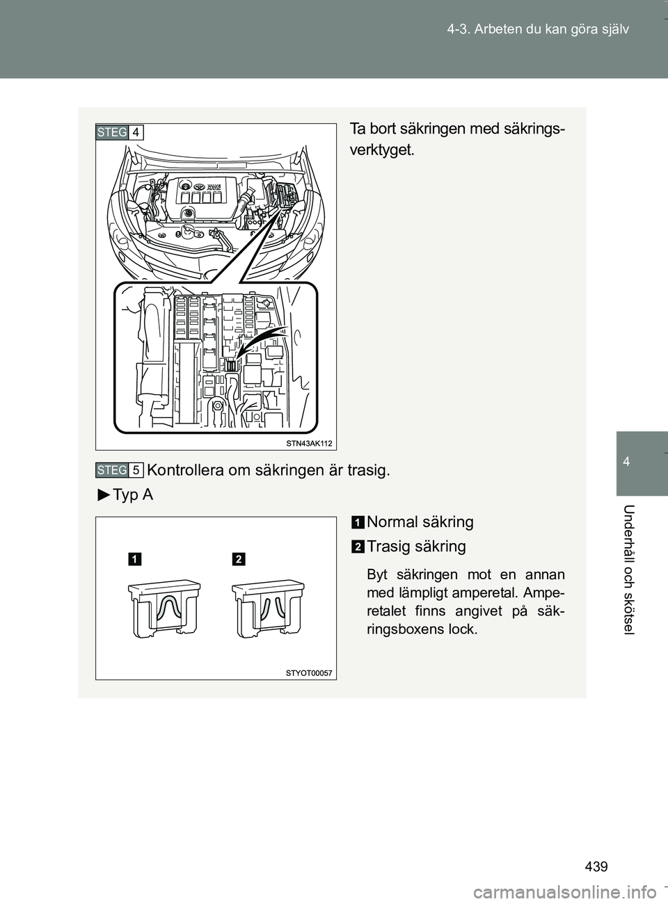 TOYOTA VERSO 2016  Bruksanvisningar (in Swedish) 439
4-3. Arbeten du kan göra själv
4
Underhåll och skötsel
OM64590SE
Ta bort säkringen med säkrings-
verktyget.
Kontrollera om säkringen är trasig.
Ty p  A
Normal säkring
Trasig säkring
Byt 