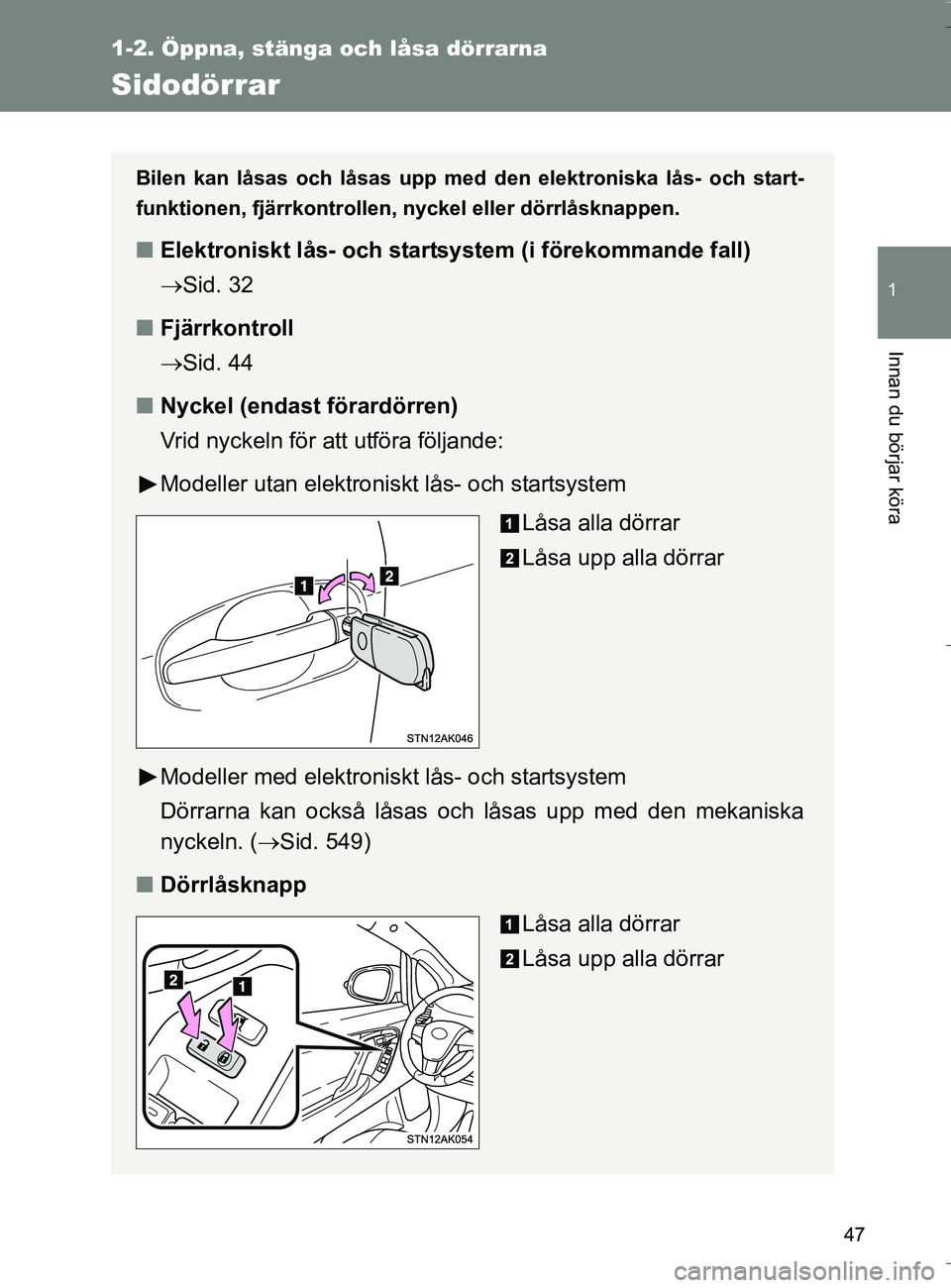 TOYOTA VERSO 2016 Bruksanvisningar (in Swedish) 47
1
1-2. Öppna, stänga och låsa dörrarna
Innan du börjar köra
OM64590SE
Sidodörrar
Bilen kan låsas och låsas upp med den elektroniska lås- och start-
funktionen, fjärrkontrollen, nyckel el TOYOTA VERSO 2016 Bruksanvisningar (in Swedish) 47
1
1-2. Öppna, stänga och låsa dörrarna
Innan du börjar köra
OM64590SE
Sidodörrar
Bilen kan låsas och låsas upp med den elektroniska lås- och start-
funktionen, fjärrkontrollen, nyckel el