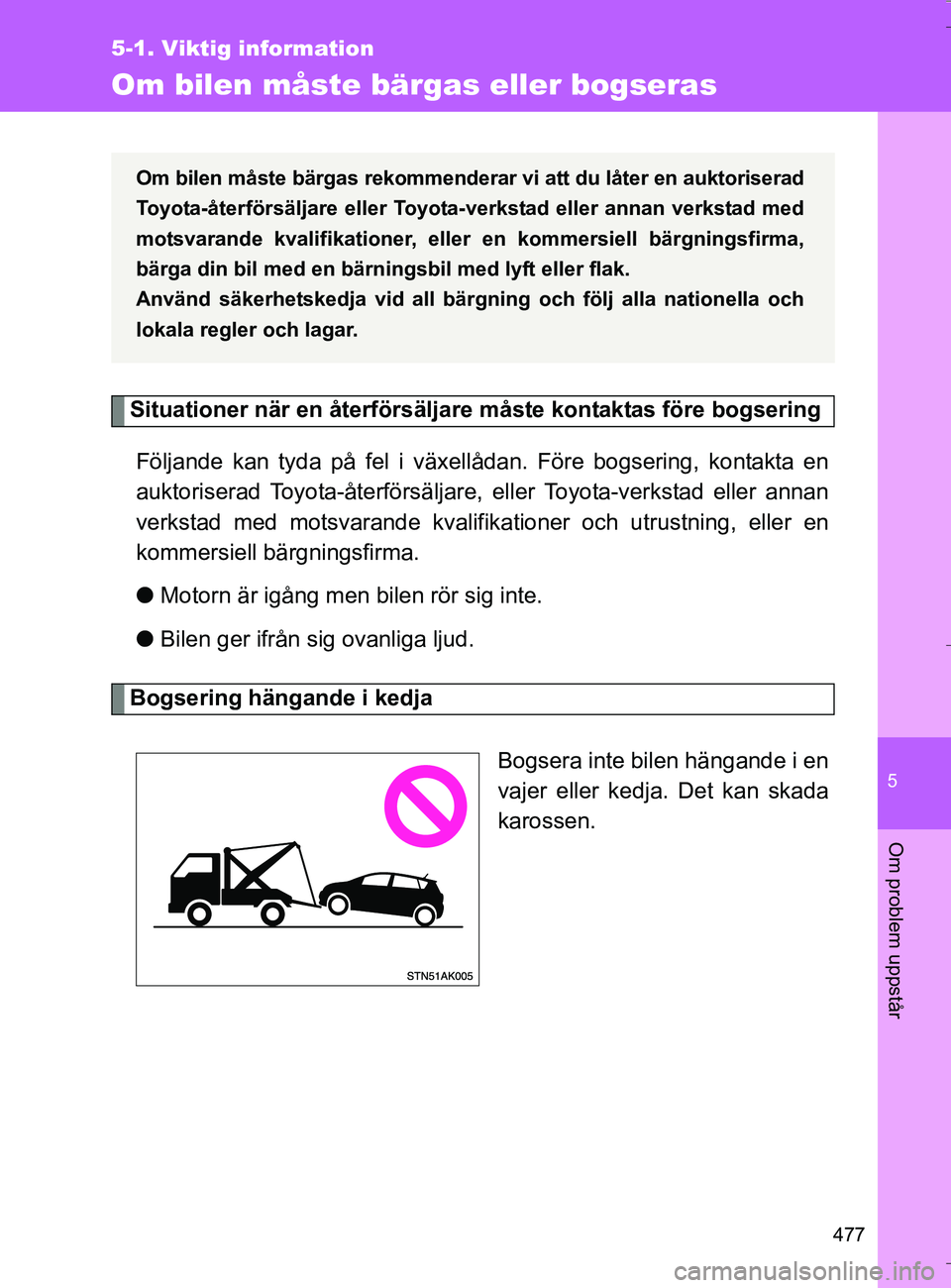 TOYOTA VERSO 2016 Bruksanvisningar (in Swedish) 5
477
5-1. Viktig information
Om problem uppstår
OM64590SE
Om bilen måste bärgas eller bogseras
Situationer när en återförsäljare måste kontaktas före bogseringFöljande kan tyda på fel i v TOYOTA VERSO 2016 Bruksanvisningar (in Swedish) 5
477
5-1. Viktig information
Om problem uppstår
OM64590SE
Om bilen måste bärgas eller bogseras
Situationer när en återförsäljare måste kontaktas före bogseringFöljande kan tyda på fel i v