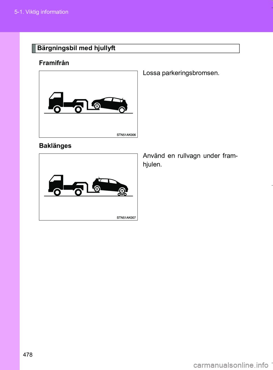 TOYOTA VERSO 2016 Bruksanvisningar (in Swedish) 478
5-1. Viktig information
OM64590SE
Bärgningsbil med hjullyft
Framifrån Lossa parkeringsbromsen.
Baklänges Använd en rullvagn under fram-
hjulen.
OM64590SE.book Page 478 Thursday, August 4, 20 TOYOTA VERSO 2016 Bruksanvisningar (in Swedish) 478
5-1. Viktig information
OM64590SE
Bärgningsbil med hjullyft
Framifrån Lossa parkeringsbromsen.
Baklänges Använd en rullvagn under fram-
hjulen.
OM64590SE.book Page 478 Thursday, August 4, 20