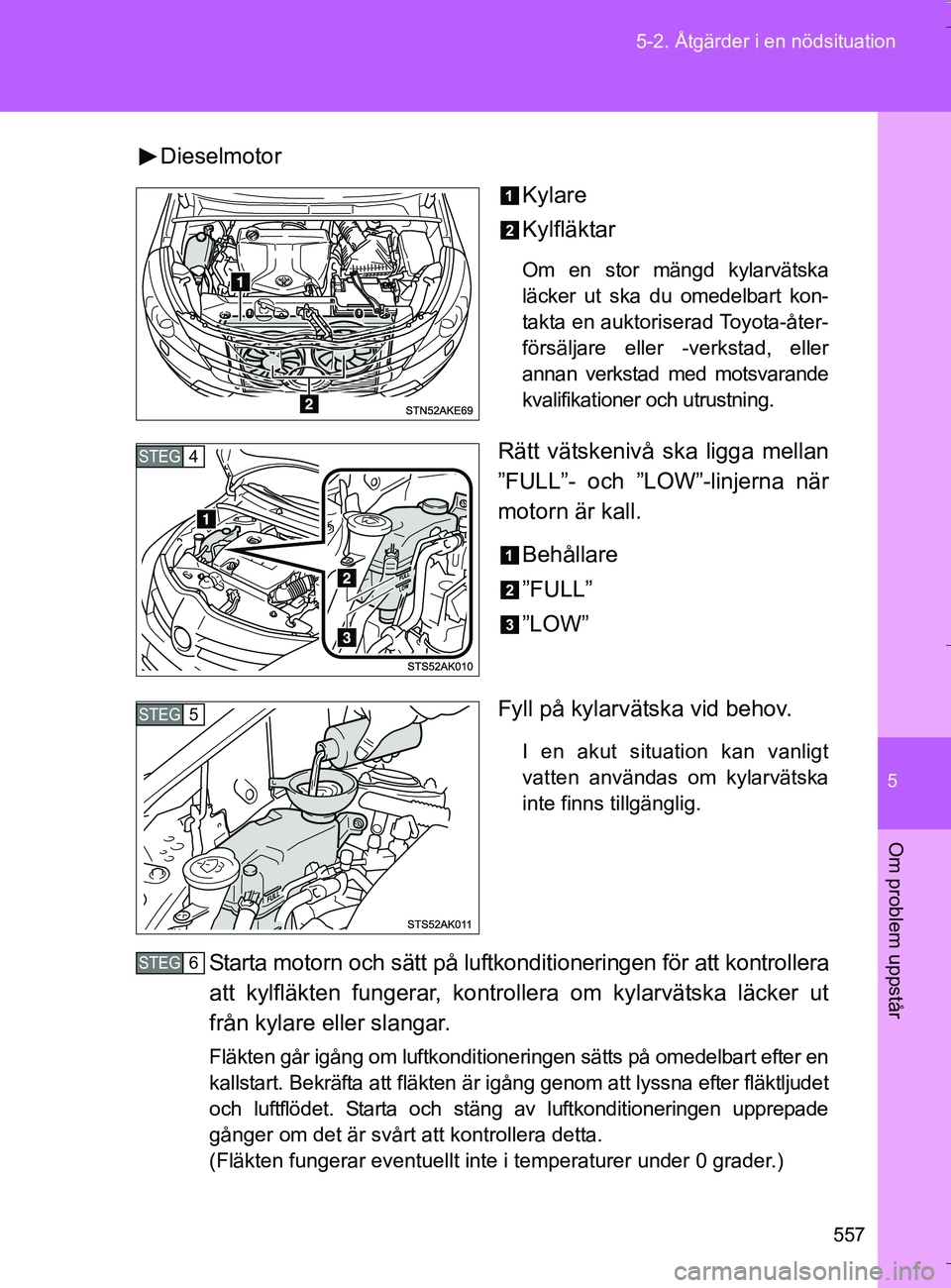 TOYOTA VERSO 2016 Bruksanvisningar (in Swedish) 5
557
5-2. Åtgärder i en nödsituation
Om problem uppstår
OM64590SE
Dieselmotor
Kylare
Kylfläktar
Om en stor mängd kylarvätska
läcker ut ska du omedelbart kon-
takta en auktoriserad Toyota-åte TOYOTA VERSO 2016 Bruksanvisningar (in Swedish) 5
557
5-2. Åtgärder i en nödsituation
Om problem uppstår
OM64590SE
Dieselmotor
Kylare
Kylfläktar
Om en stor mängd kylarvätska
läcker ut ska du omedelbart kon-
takta en auktoriserad Toyota-åte