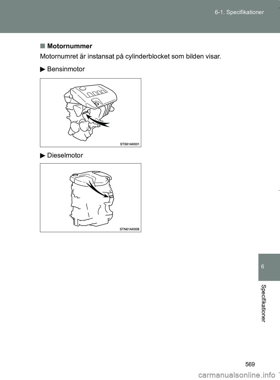 TOYOTA VERSO 2016  Bruksanvisningar (in Swedish) 569
6-1. Specifikationer
6
Specifikationer
OM64590SE
n
Motornummer
Motornumret är instansat på cylinderblocket som bilden visar.
Bensinmotor
Dieselmotor
OM64590SE.book  Page 569  Thursday, August 4,