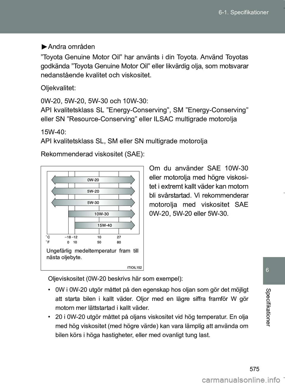 TOYOTA VERSO 2016 Bruksanvisningar (in Swedish) 575
6-1. Specifikationer
6
Specifikationer
OM64590SE
Andra områden
”Toyota Genuine Motor Oil” har använts i din Toyota. Använd Toyotas
godkända ”Toyota Genuine Motor Oil” eller likvärdig TOYOTA VERSO 2016 Bruksanvisningar (in Swedish) 575
6-1. Specifikationer
6
Specifikationer
OM64590SE
Andra områden
”Toyota Genuine Motor Oil” har använts i din Toyota. Använd Toyotas
godkända ”Toyota Genuine Motor Oil” eller likvärdig