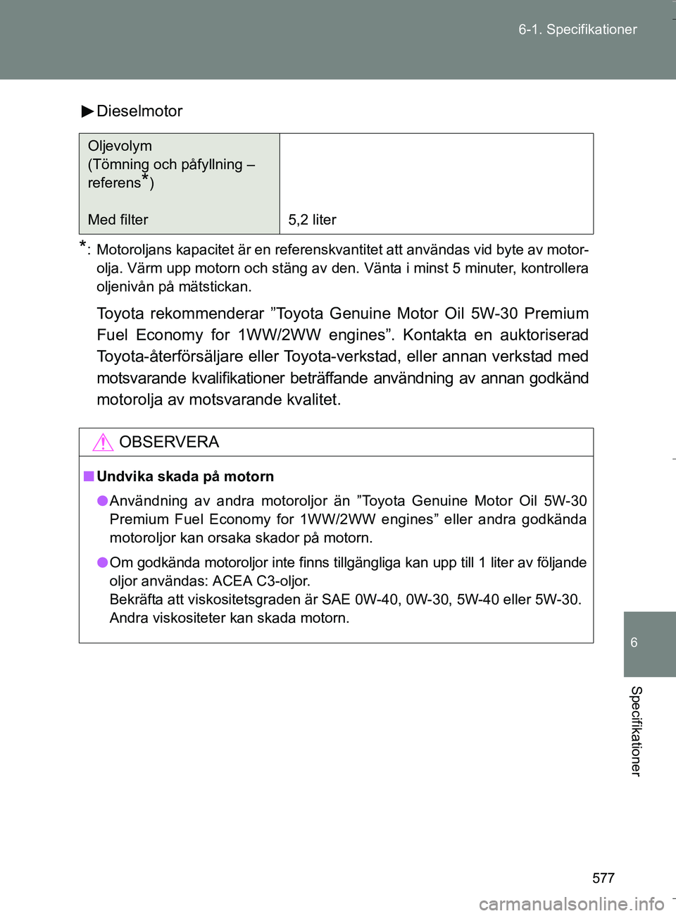 TOYOTA VERSO 2016  Bruksanvisningar (in Swedish) 577
6-1. Specifikationer
6
Specifikationer
OM64590SE
Dieselmotor
*: Motoroljans kapacitet är en referenskvantitet att användas vid byte av motor-
olja. Värm upp motorn och stäng av den. Vänta i m