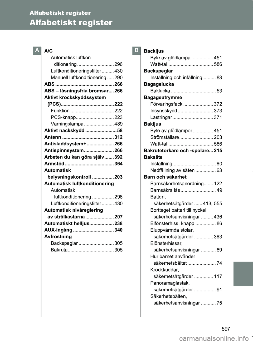 TOYOTA VERSO 2016 Bruksanvisningar (in Swedish) 597
OM64590SE
Alfabetiskt register
Alfabetiskt register
A/CAutomatisk luftkonditionering ........................... 296
Luftkonditioneringsfilter ......... 430
Manuell luftkonditionering ..... 290
AB TOYOTA VERSO 2016 Bruksanvisningar (in Swedish) 597
OM64590SE
Alfabetiskt register
Alfabetiskt register
A/CAutomatisk luftkonditionering ........................... 296
Luftkonditioneringsfilter ......... 430
Manuell luftkonditionering ..... 290
AB